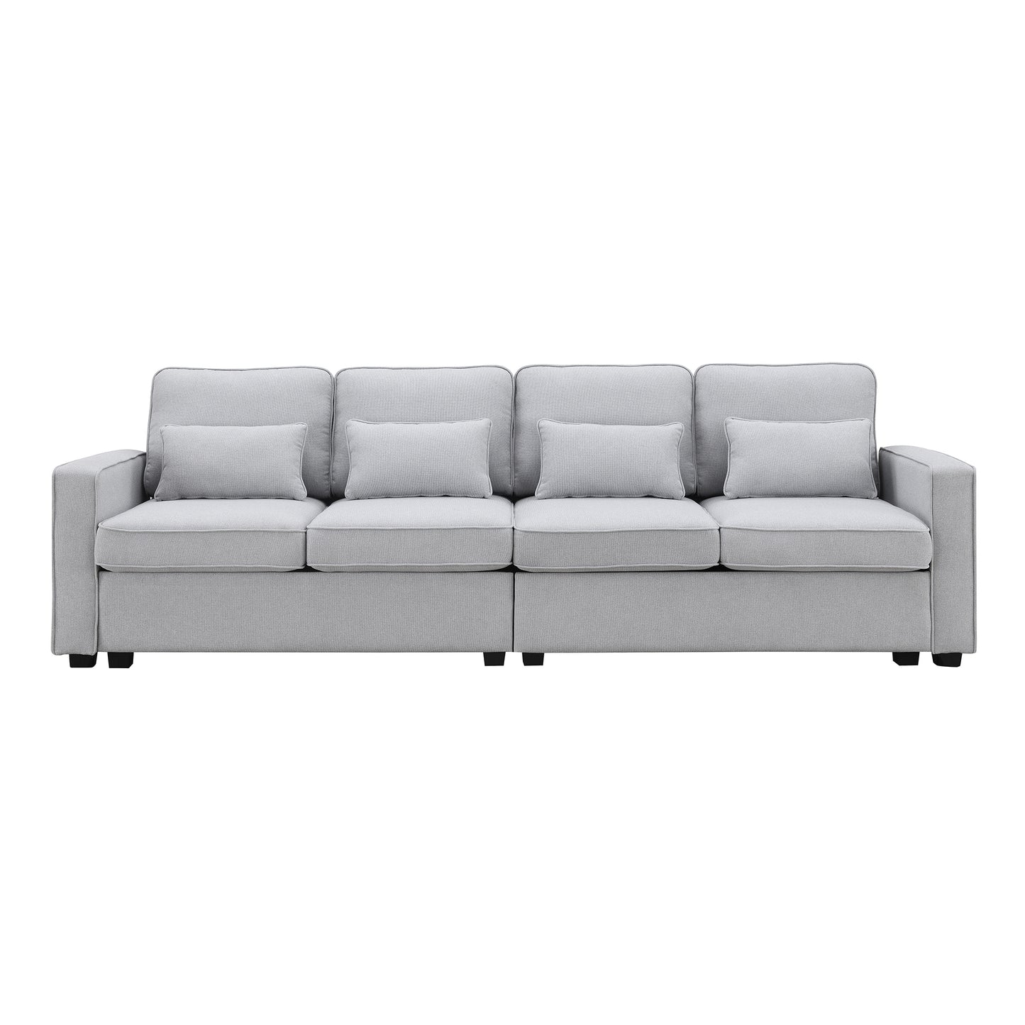 Spacious 4-Seater Linen Fabric Sofa with Armrest Pockets and 4 Pillows