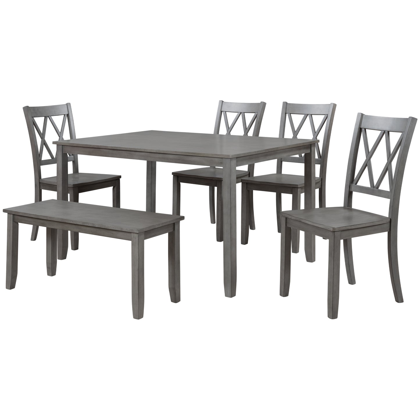 6-piece Wooden Kitchen Table set, Farmhouse Rustic Dining Table set with Cross Back 4 Chairs and Bench,Antique Graywash