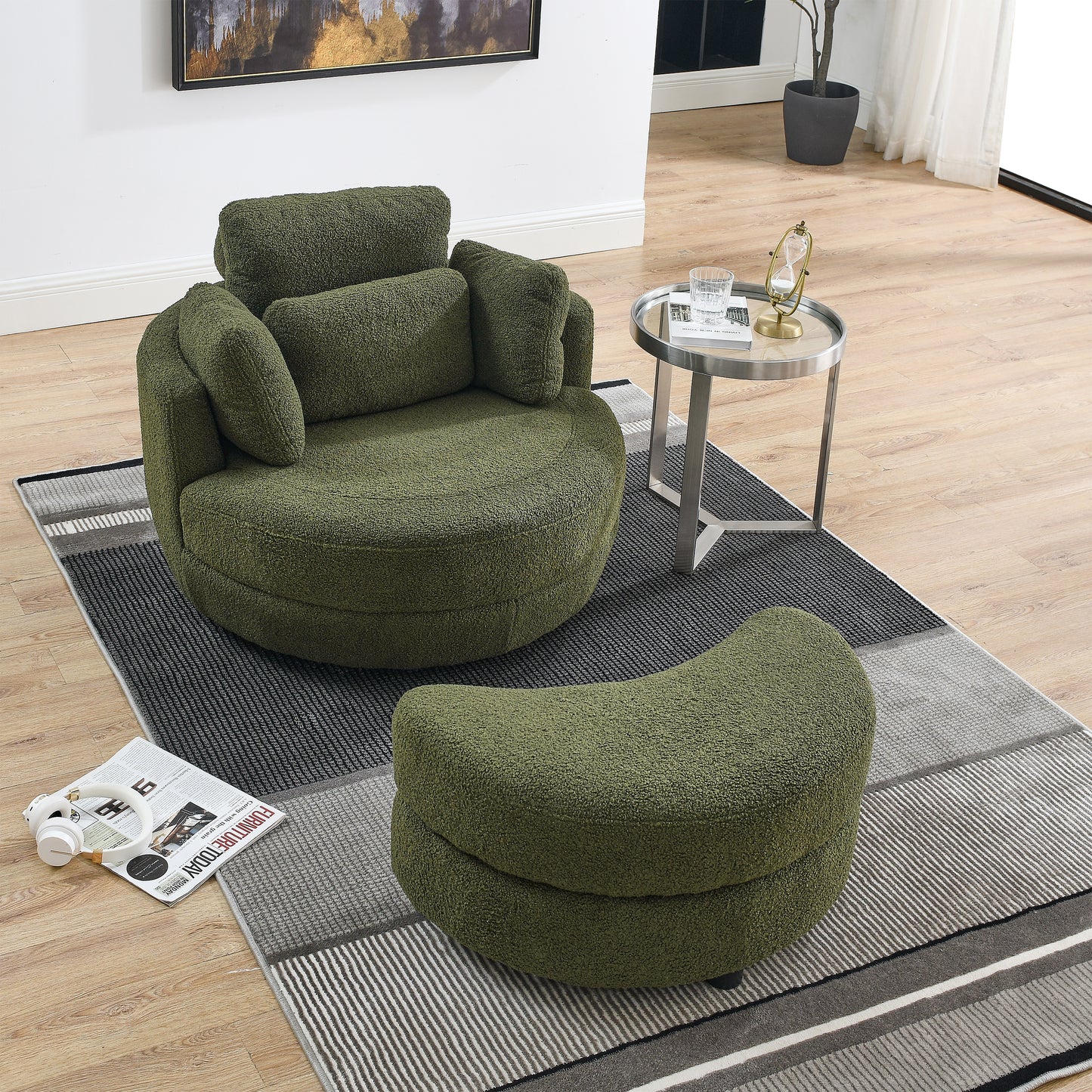 Oversized Swivel Chair with Ottoman and Pillows