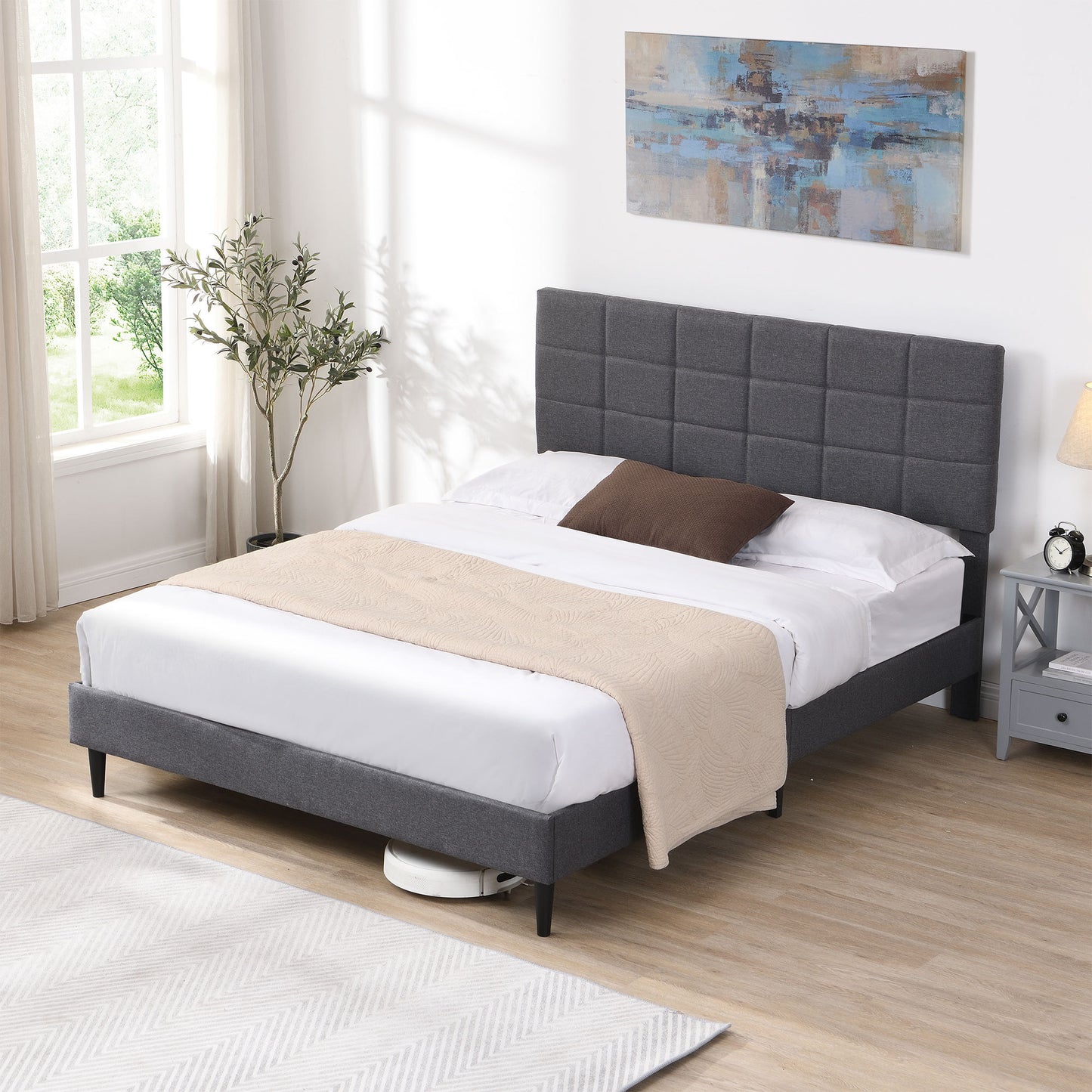 Full Size Platform Bed Frame with Fabric Upholstered Headboard and Wooden Slats, No Box Spring Needed/Easy Assembly, Grey