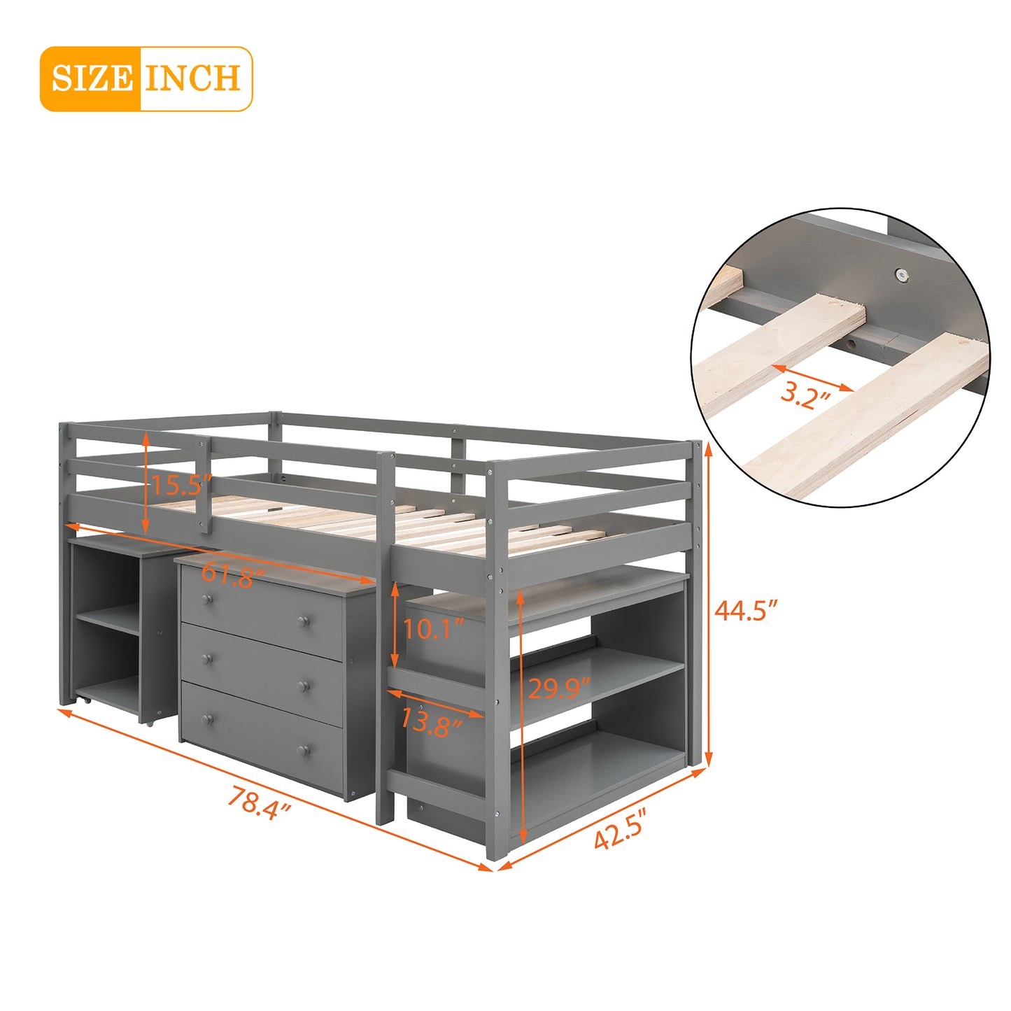 Low Study Twin Loft Bed with Cabinet and Rolling Portable Desk - Gray