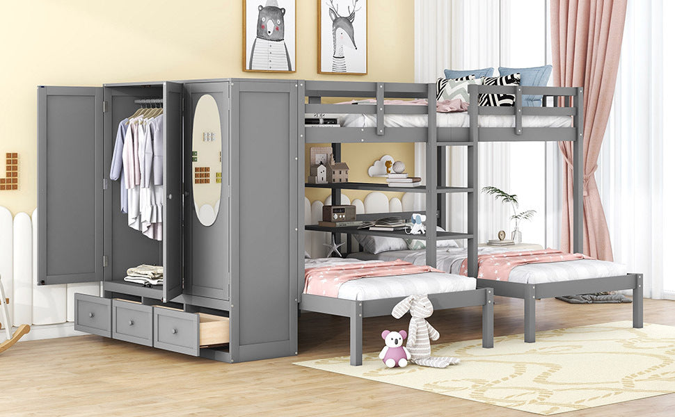 Gray Twin-Twin over Full Bunk Bed with Shelves, Wardrobe, Mirror