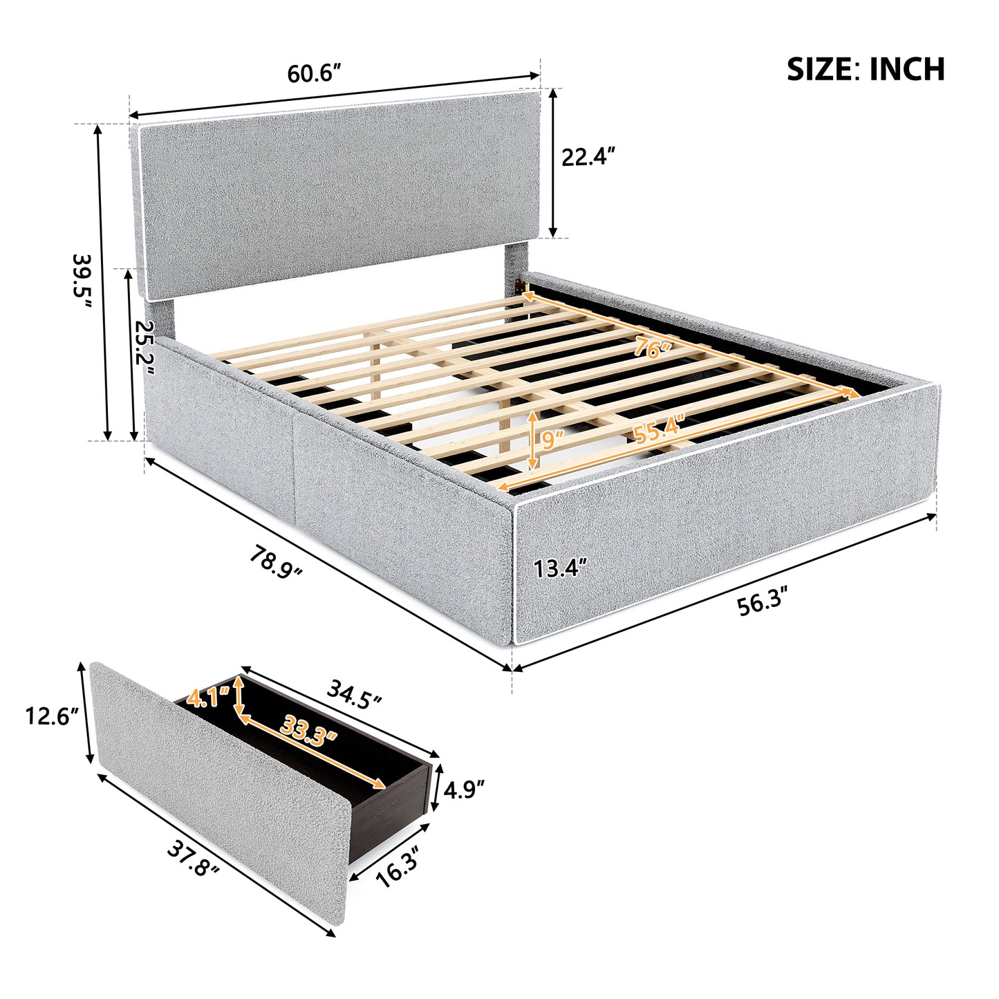 Full Size Upholstered Platform Bed with 4 Drawers and White Edge on the Headboard & Footboard, Gray