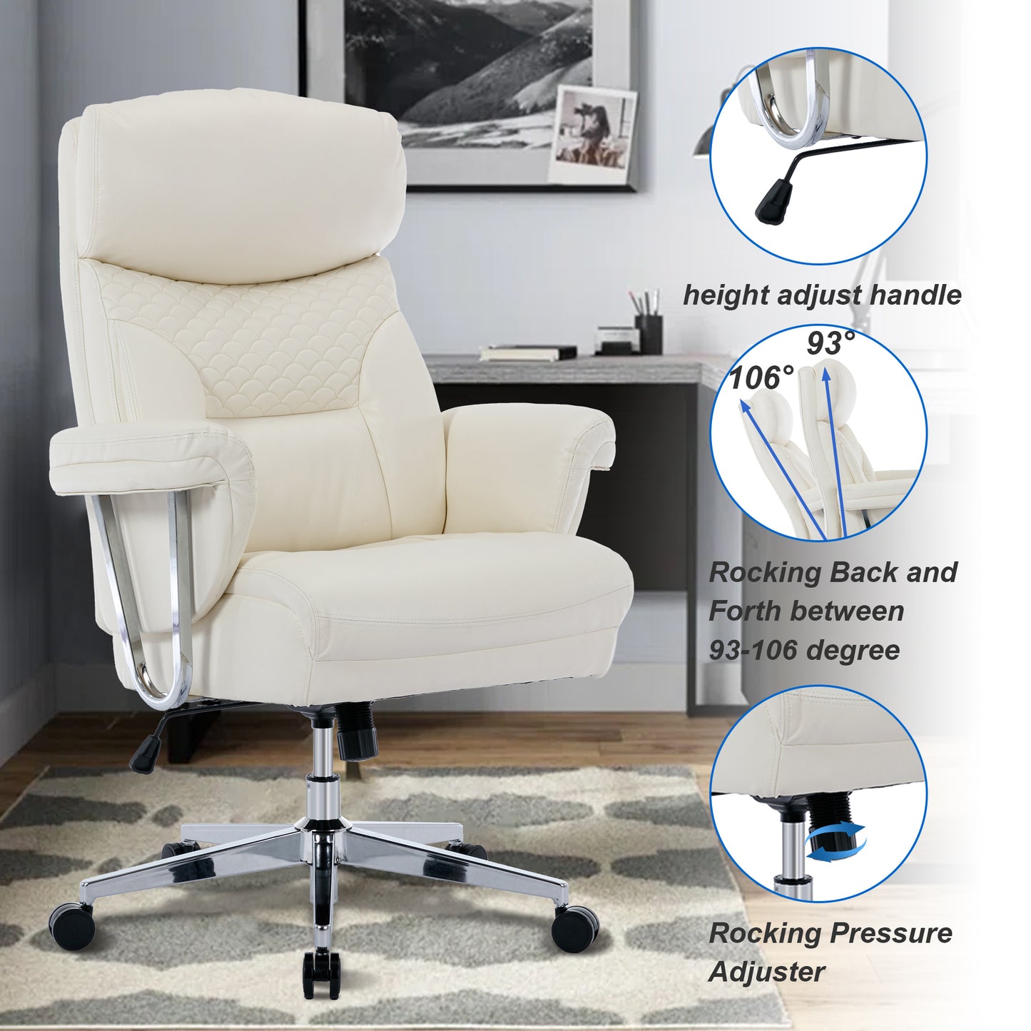 High Back Executive Office Chair 300lbs-Ergonomic Leather Computer Desk Chair , Thick Bonded Leather Office Chair for Comfort and Lumbar Support, Adjustable Rock Back Tension(white)