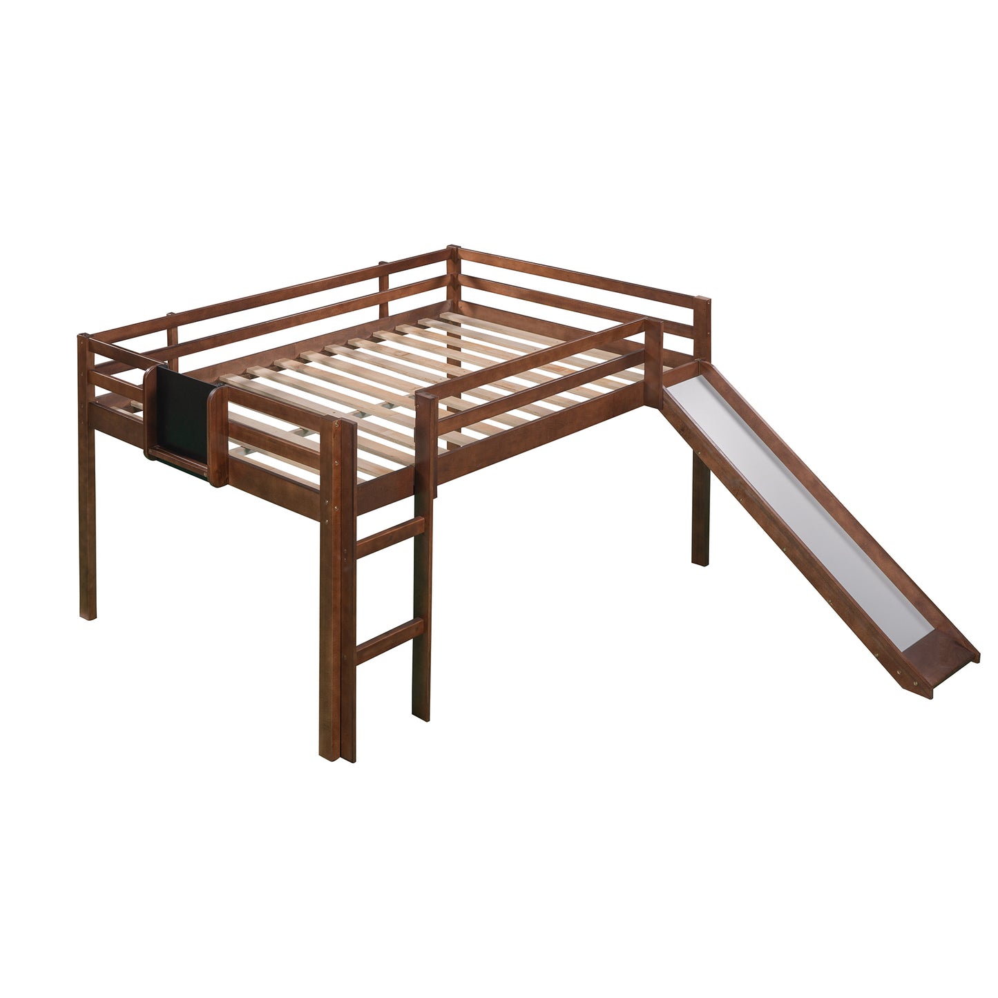 Full size Loft Bed Wood Bed with Slide, Stair and Chalkboard,Walnut