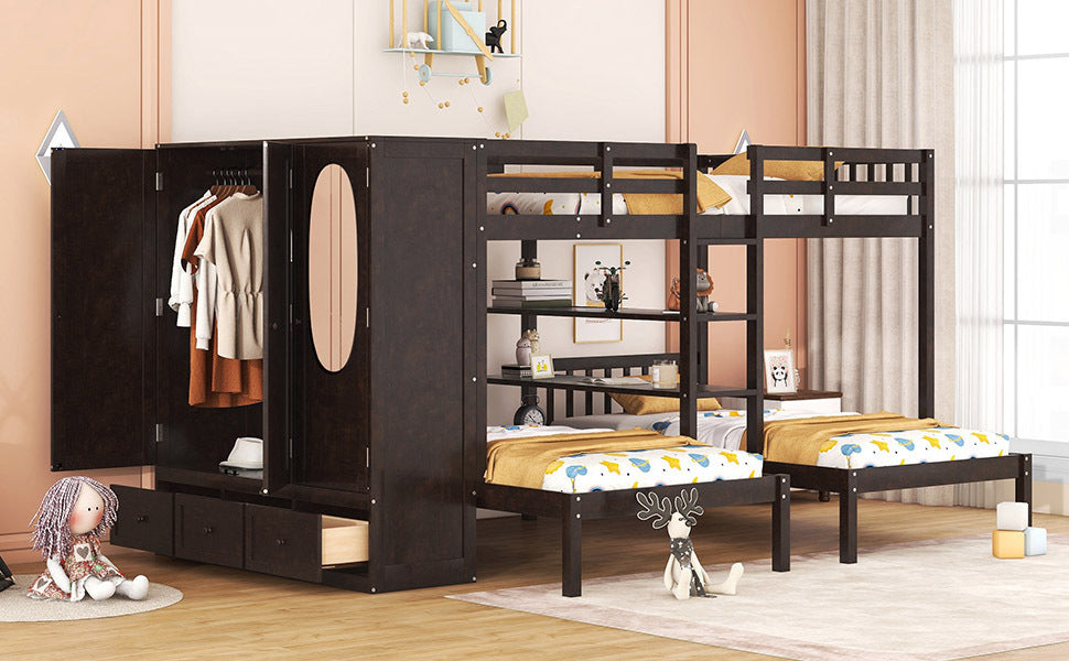 Efficient Espresso Bunk Bed with Twin Over Full, Wardrobe, Mirror, and Shelves