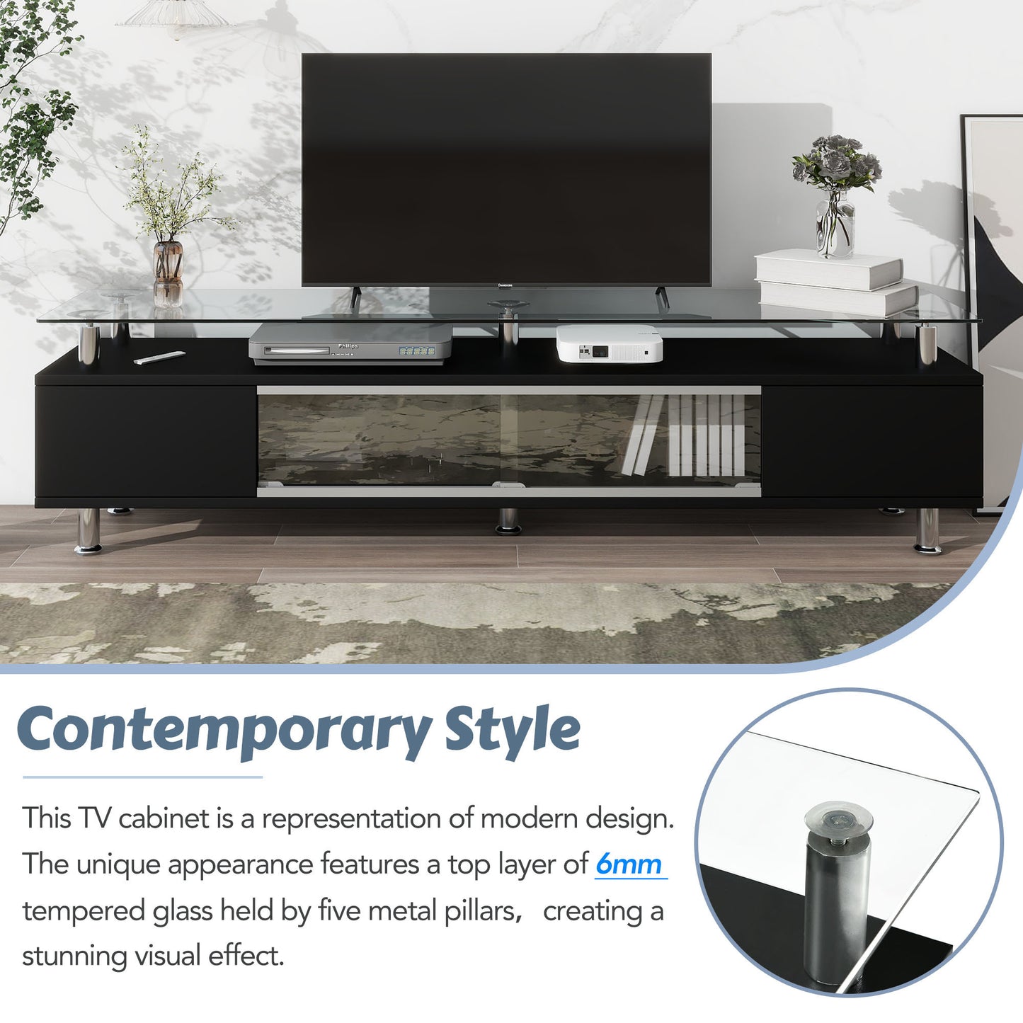 Modern Black Glass TV Stand with Sliding Door