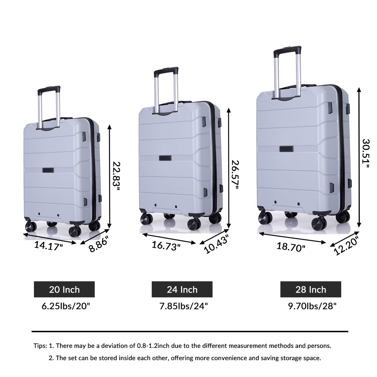 Hardshell Suitcase Spinner Wheels PP Luggage Sets Lightweight Suitcase with TSA Lock,3-Piece Set (20/24/28) ,Silver