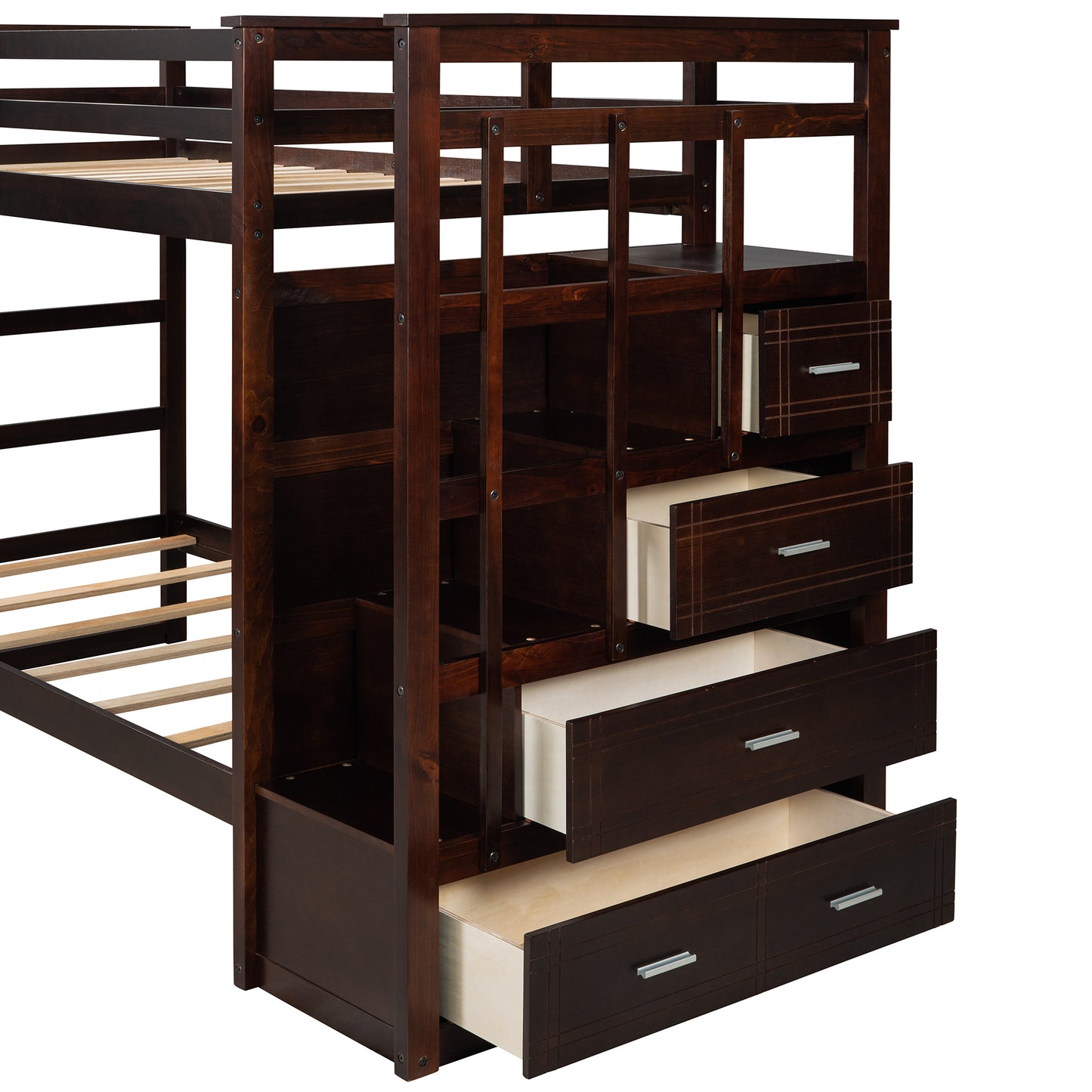 Stylish Espresso Wooden Twin Bunk Bed with Trundle and Staircase