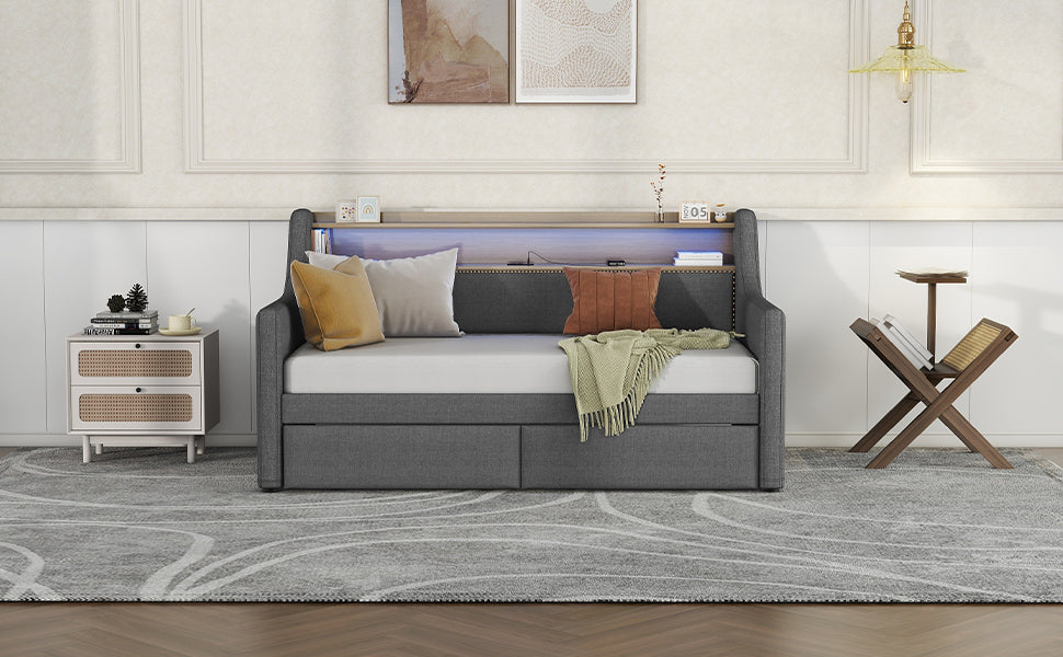 Twin Size Daybed with Storage Drawers, Upholstered Daybed with Charging Station and LED Lights, Gray (Expect arrive date: Jan 18th, 2024)