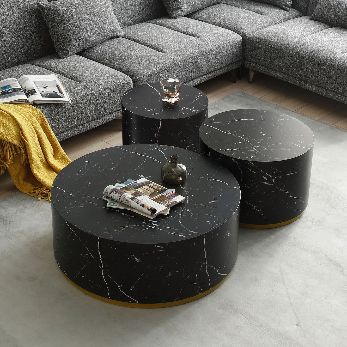 Contemporary Black Marble Pattern 3-Piece Round Coffee Table Set for Stylish Living Rooms