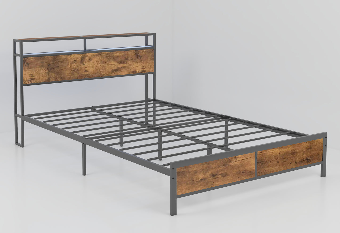 Industrial Full Bed Frame with LED Lights and 2 USB Ports, Bed Frame Full Size with Storage, Noise Free, No Box Spring Needed, Rustic Brown