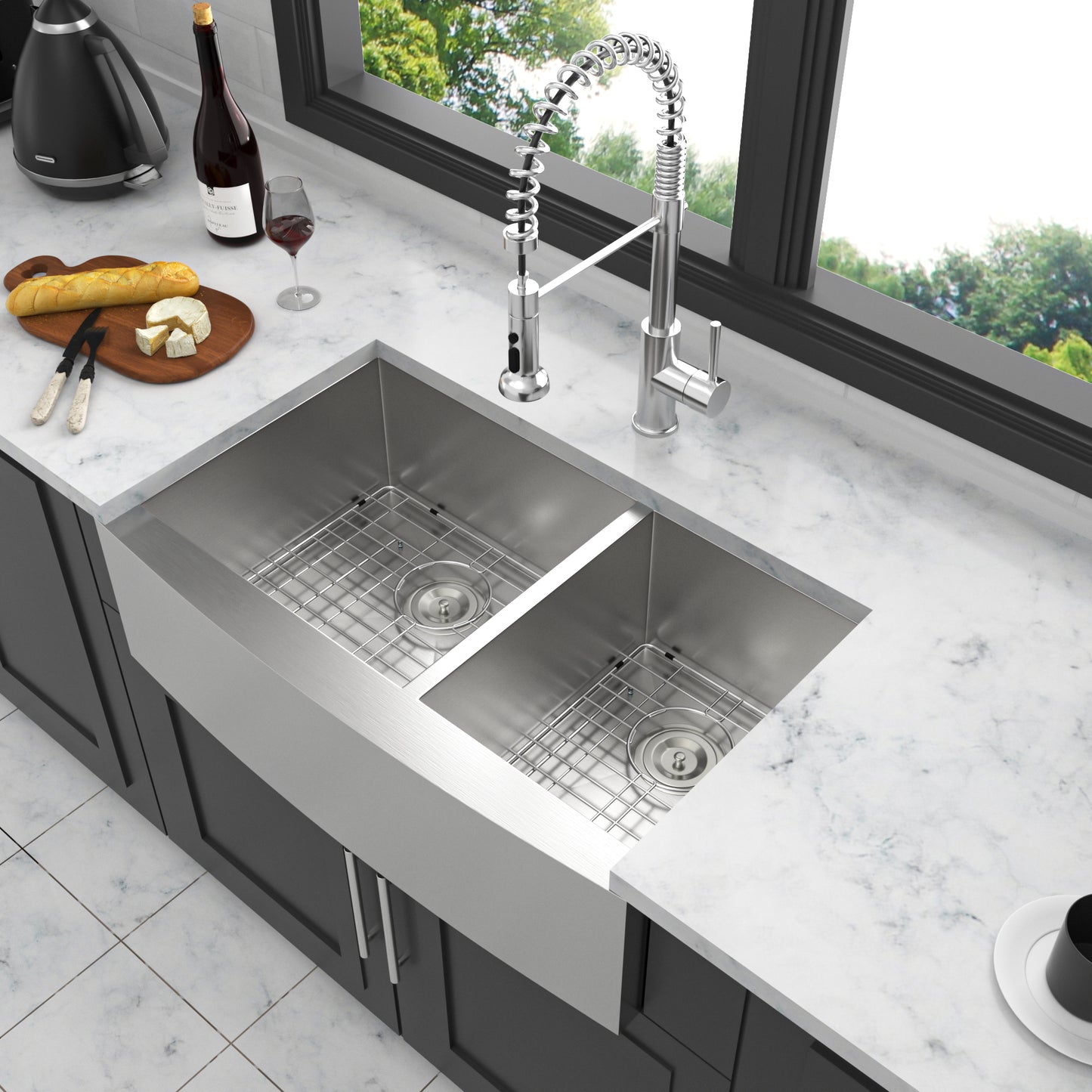 Modern Stainless Steel Double Bowl Farmhouse Kitchen Sink - 36x20 with Apron Front