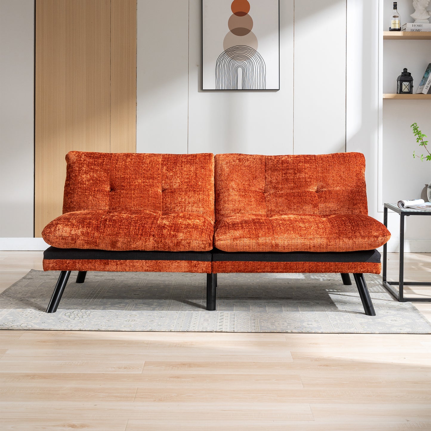 Convertible Sofa Bed  Loveseat Futon Bed Breathable Adjustable Lounge Couch with Metal Legs,Futon Sets for Compact Living Space  Chenille- Orange