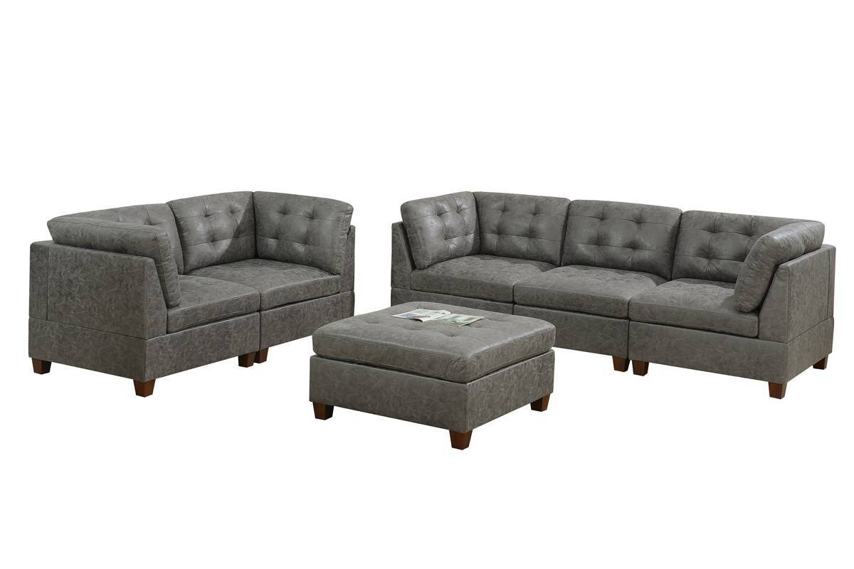 Antique Grey Modular Living Room Sofa Set With Breathable Leatherette, Tufted Detailing, and Modular Design