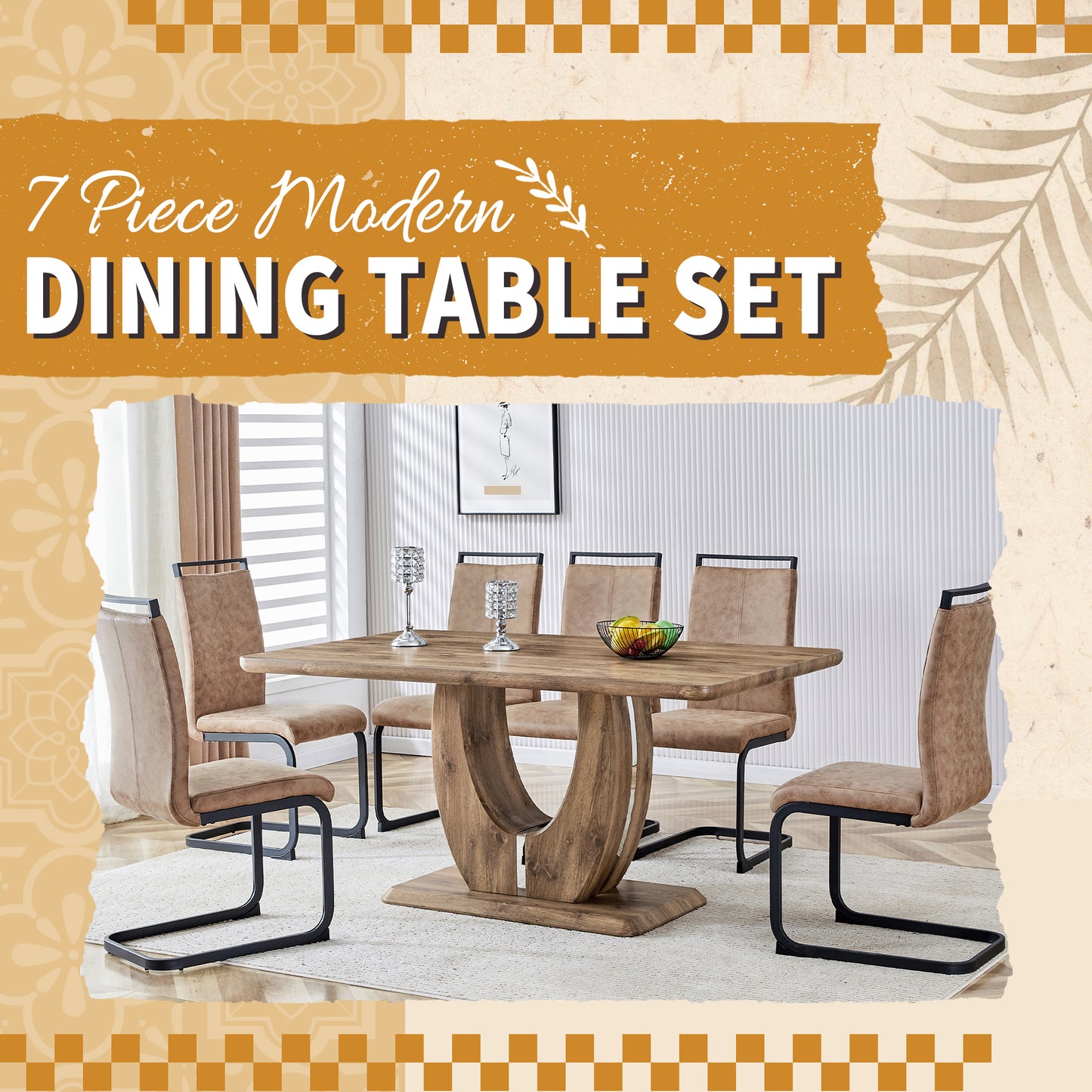 7 Piece Modern Dining Table Set, Rectangular Kitchen Table Set with Wooden Tabletop＆6 Pu Leather Upholstered Chairs Ideal for Dining Room, Kitchen