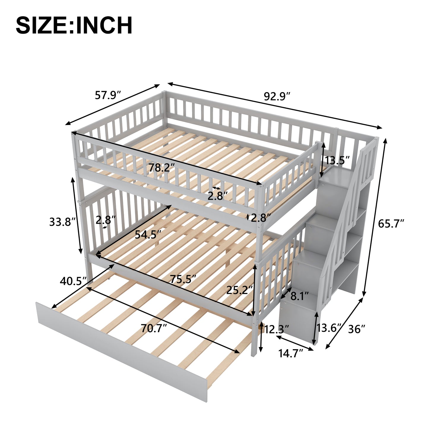 Gray Triple Sleeper Bunk Bed with Trundle and Staircase