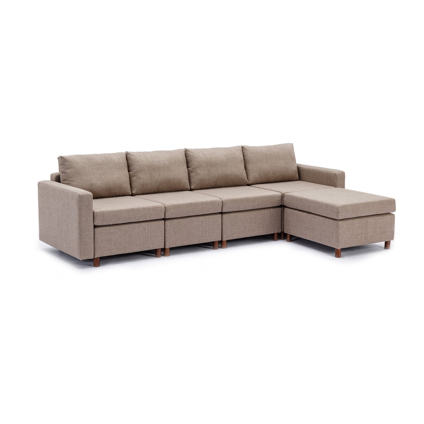 4 Seat Sectional Sofa with Ottoman, Brown Linen, Sturdy Wood Frame, High-Density Sponge Padding