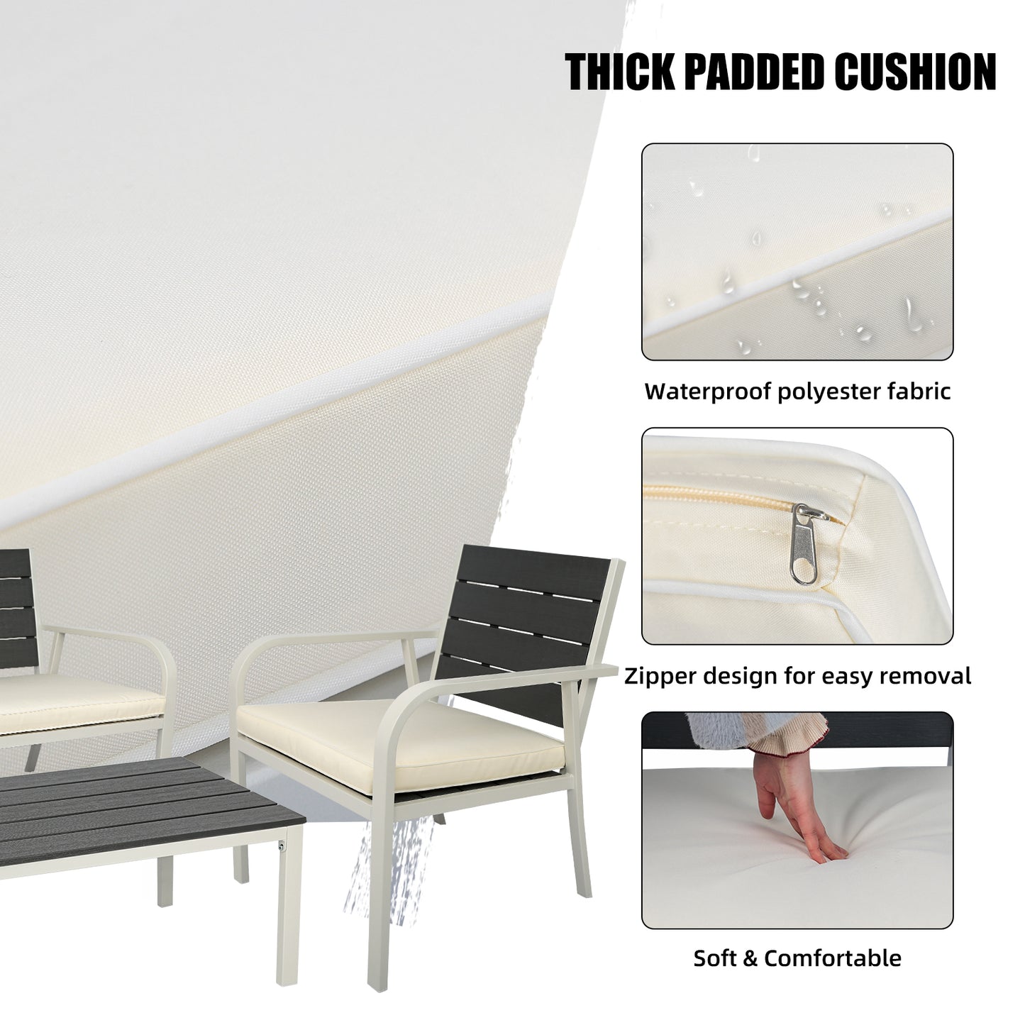 4-Piece White Outdoor Patio Furniture Set with Wood Grain Design