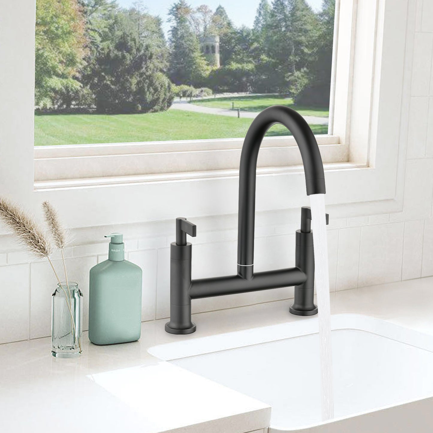 Double Handle Bridge Kitchen Faucet In Stainless Steel