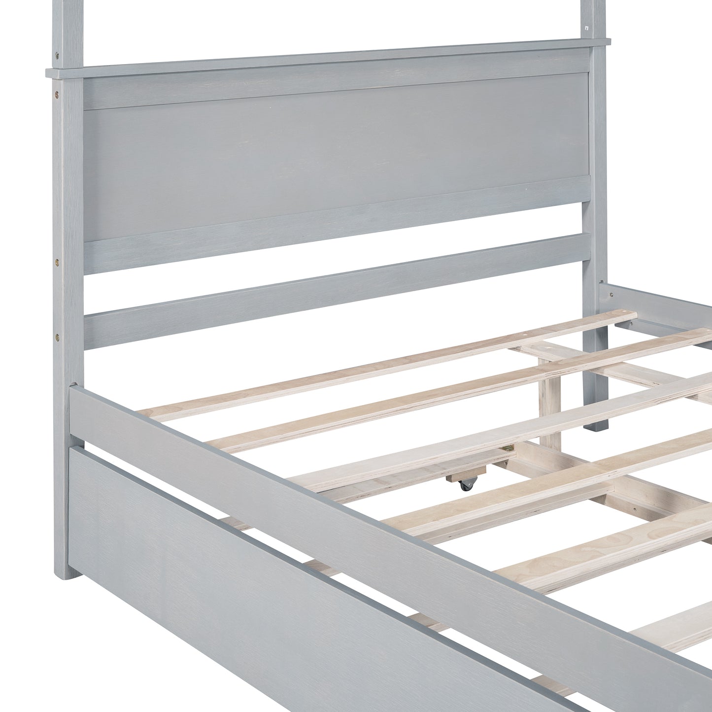 Wood Canopy Bed with Trundle Bed ,Full Size Canopy Platform bed With  Support Slats .No Box Spring Needed, Brushed Gray