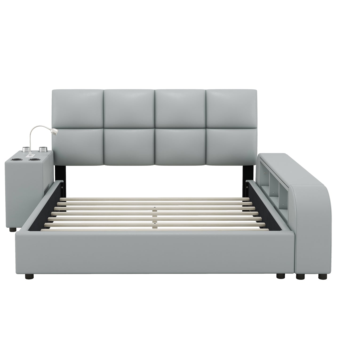 Queen Size Upholstered Platform Bed with Multimedia Nightstand and Storage Shelves, Gray