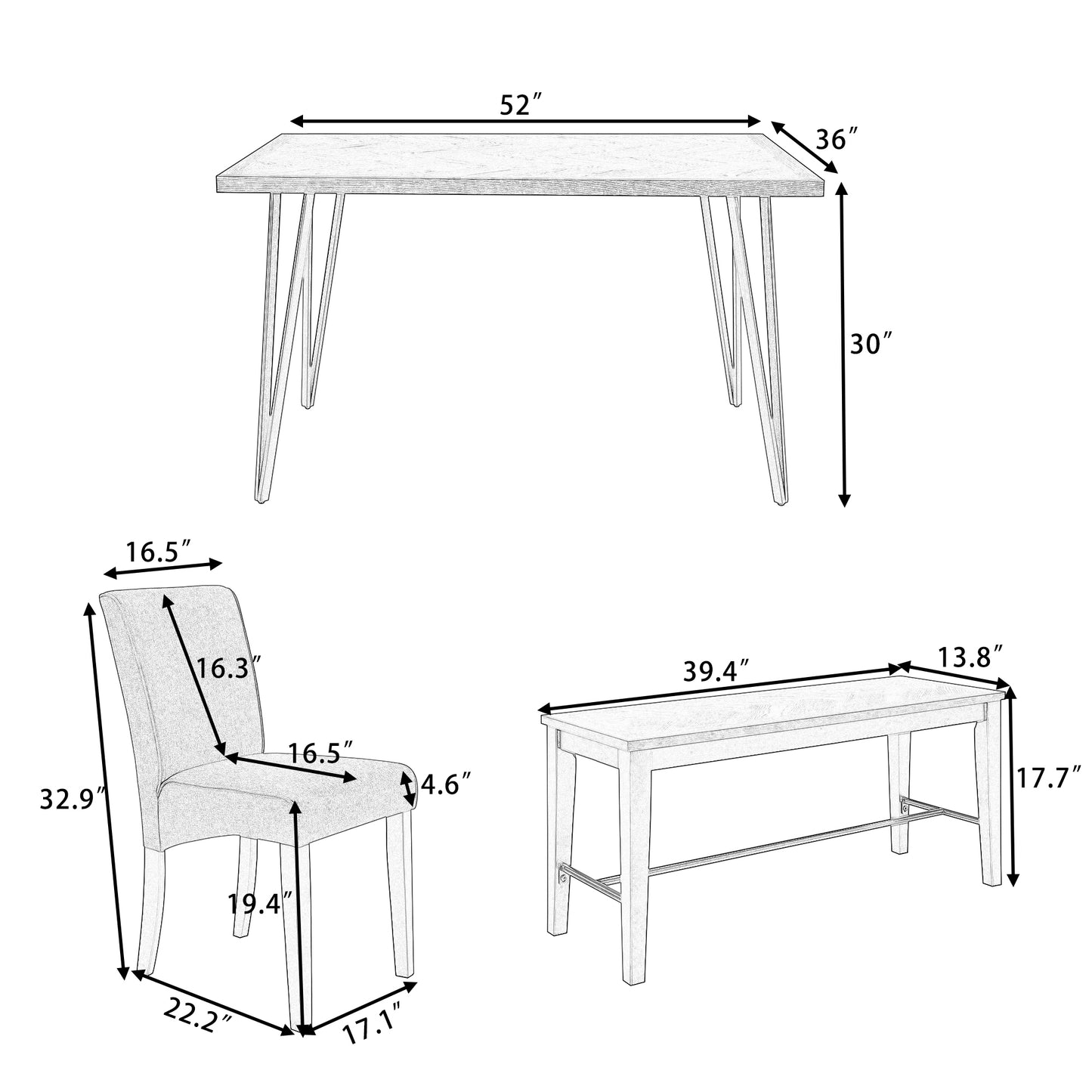 Modern 6-Piece Dining Table Set with V-Shape Metal Legs, Wood Kitchen Table Set with 4 Upholstered Chairs and Bench for 6,Brown