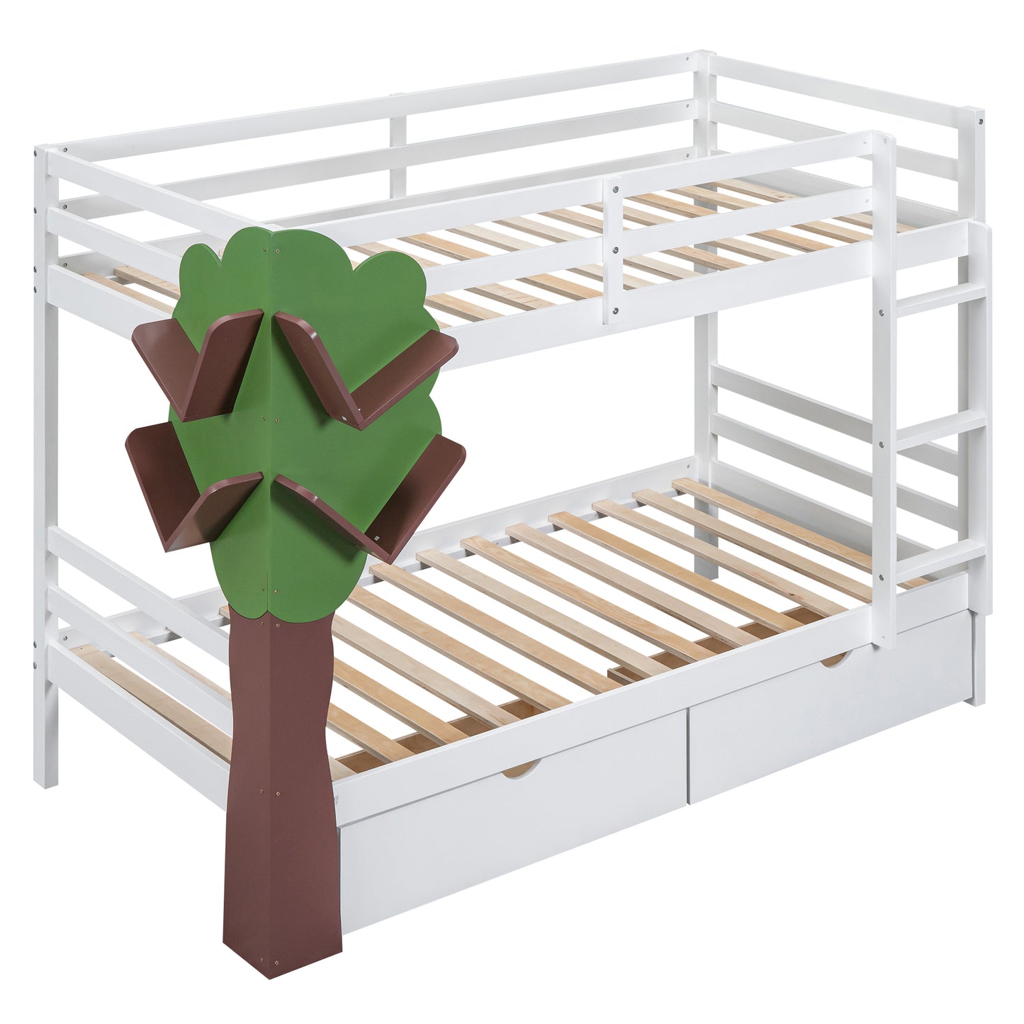 White Twin Bunk Bed with Tree Design and Storage Drawers