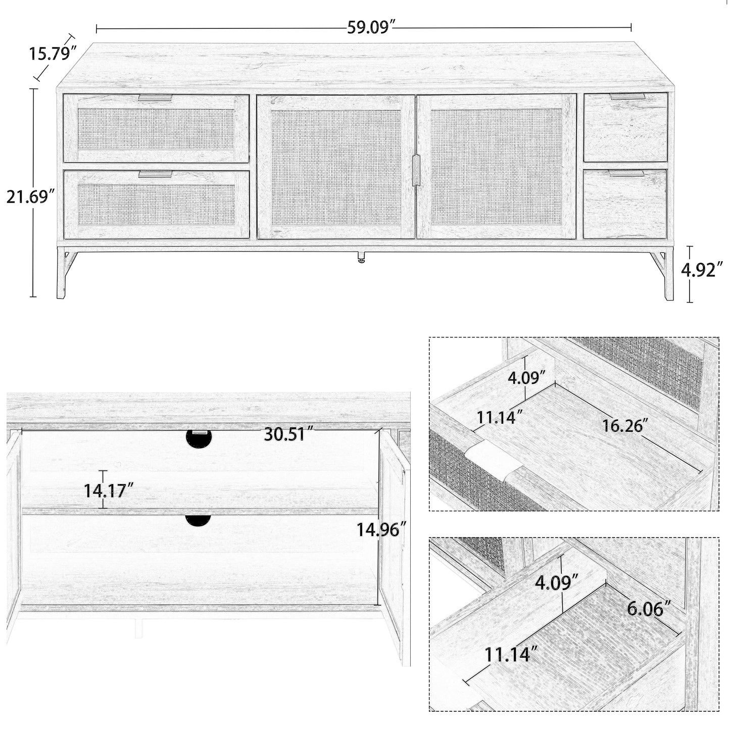 Elegant Boho Style Rattan TV Stand with Adjustable Shelves