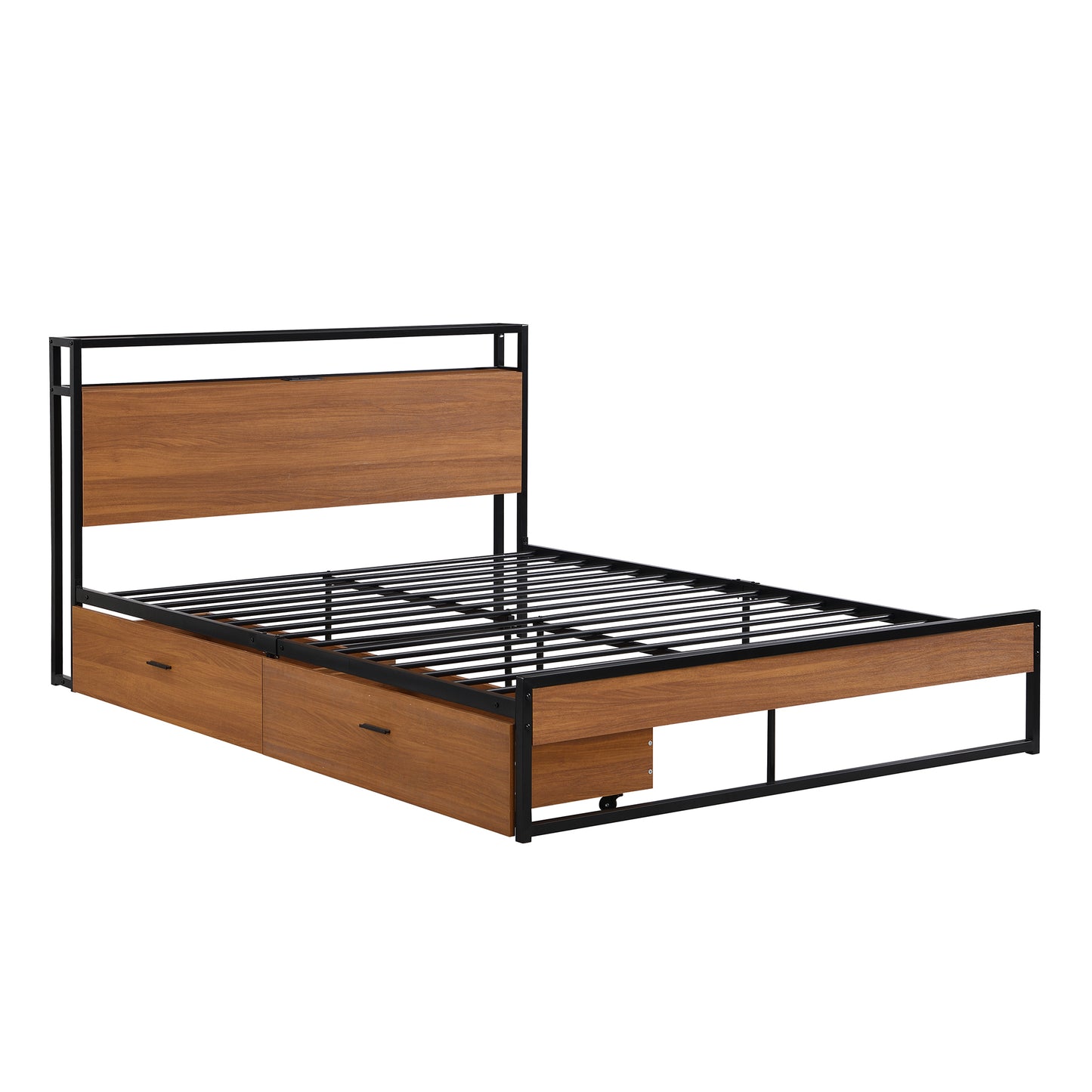 Queen Size Metal Platform Bed Frame with Two Drawers,Sockets and USB Ports ,Slat Support No Box Spring Needed Black