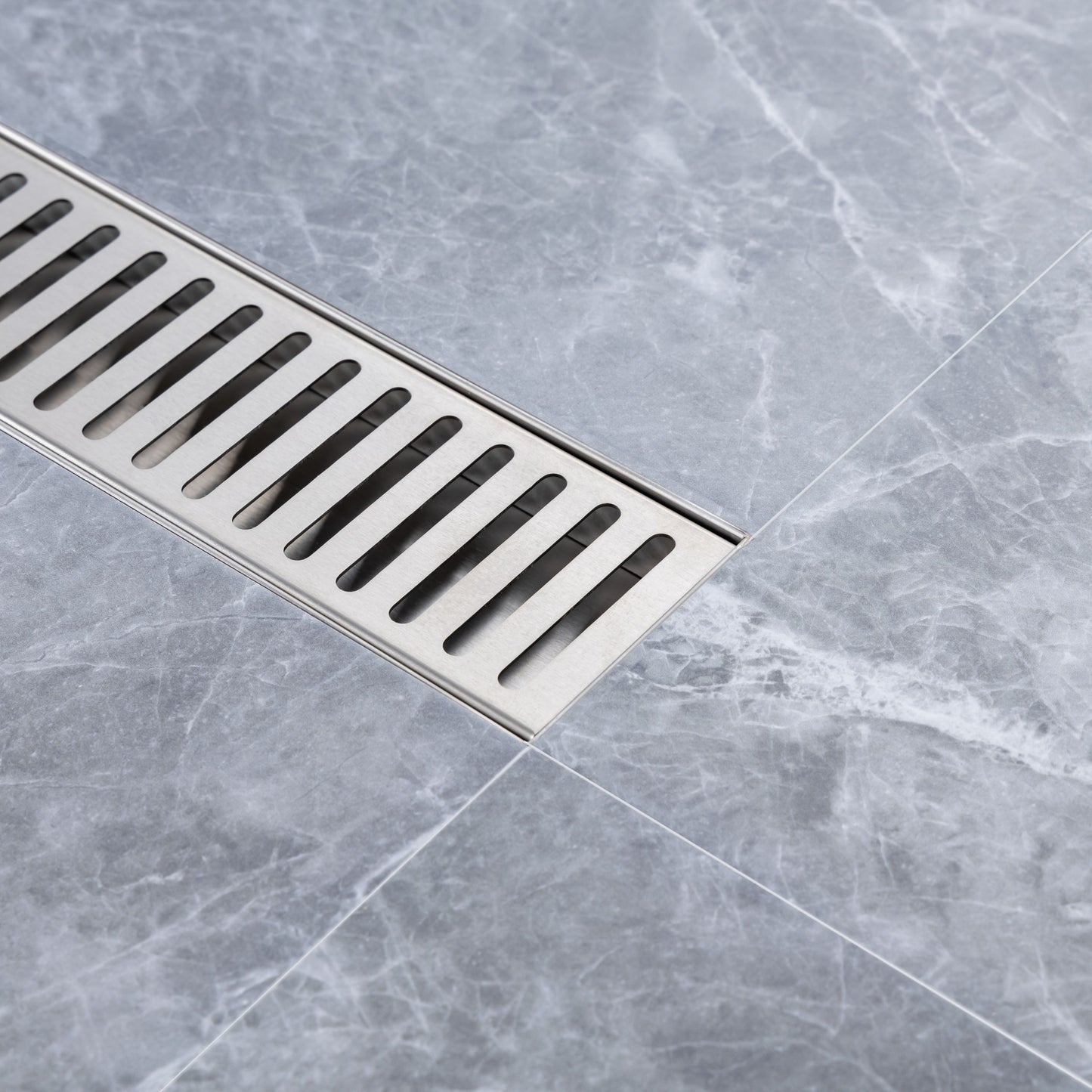 Brushed Nickel Linear Grid Shower Drain with Modern Design