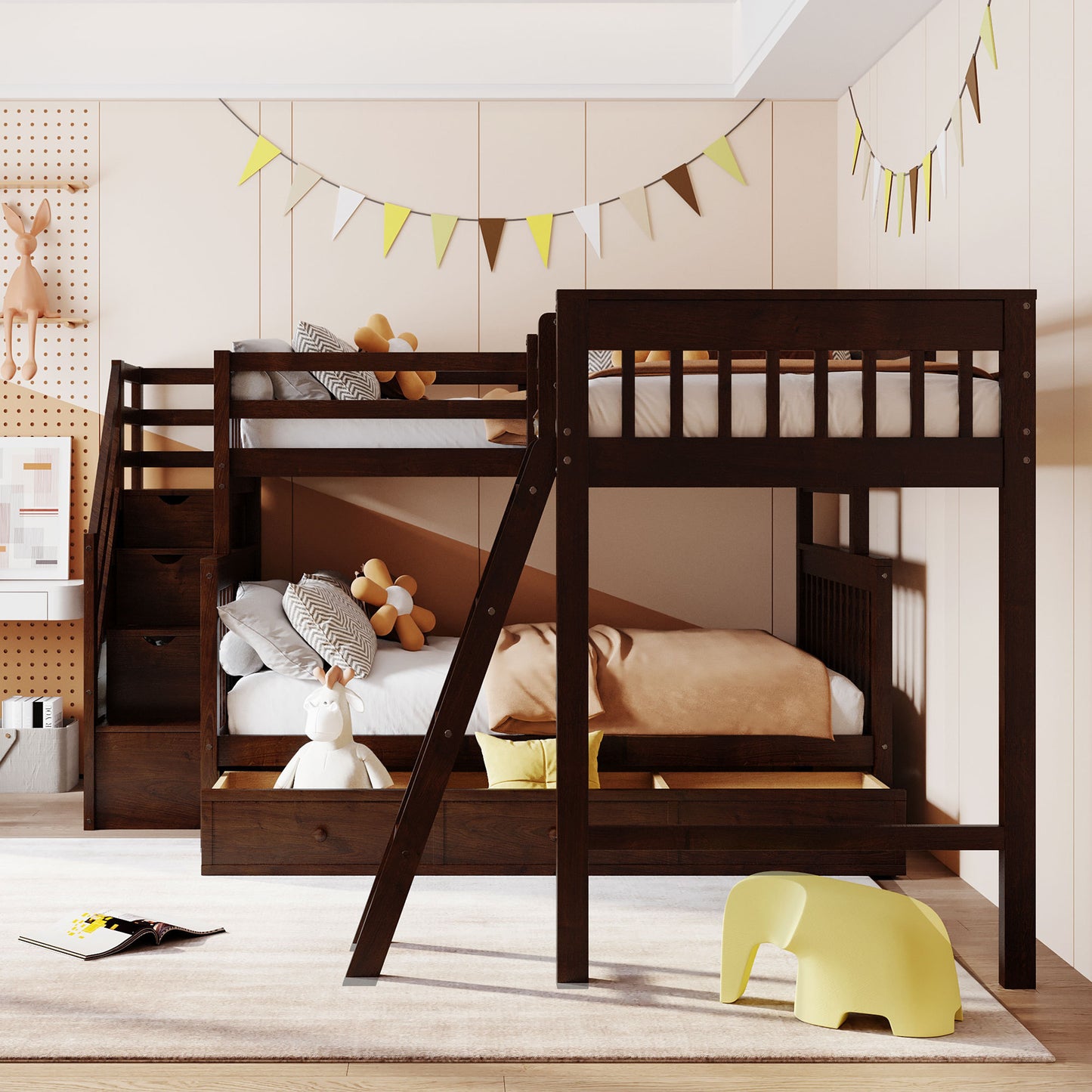 Espresso Twin over Full Bunk Bed with 3 Storage Drawers, Ladder, and Staircase