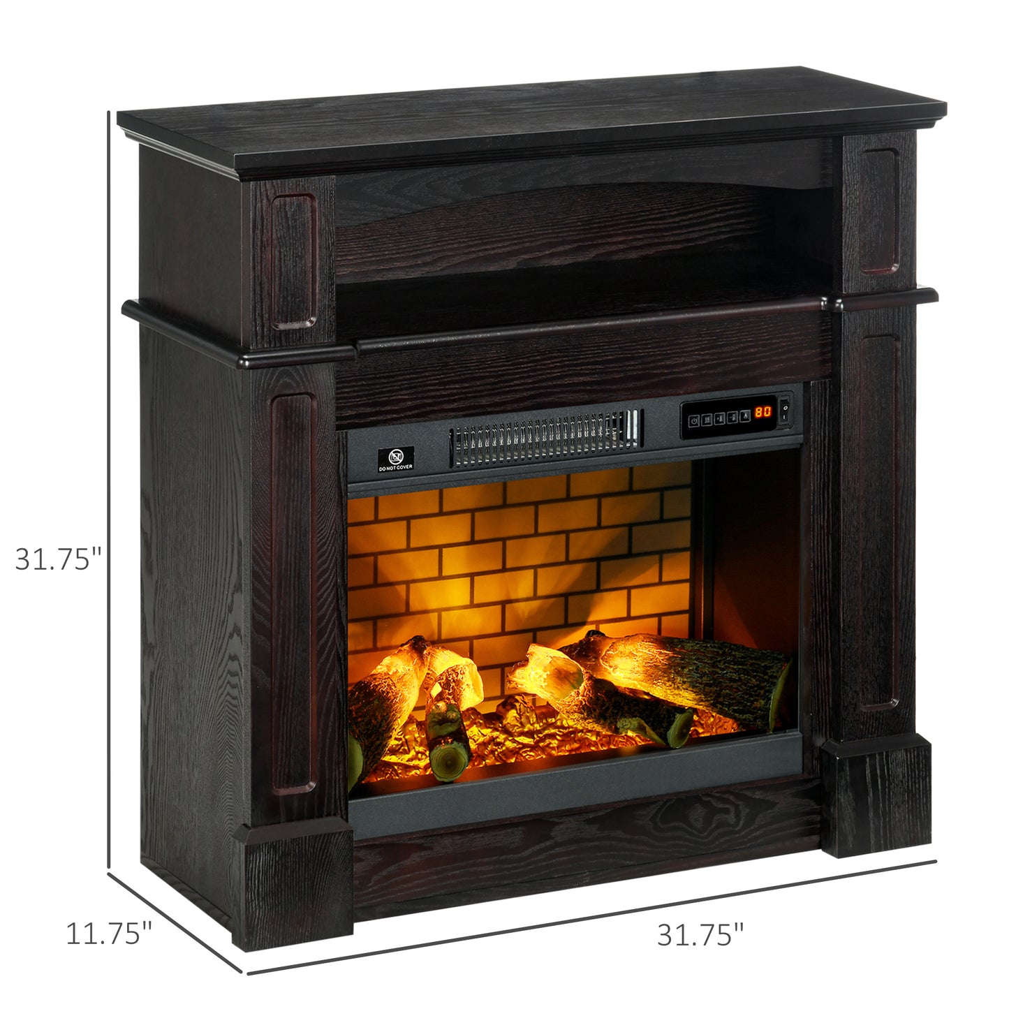 32 Electric Fireplace with Mantel and Shelf, Freestanding Heater with LED Log Flame and Remote Control, 700W/1400W, Brown