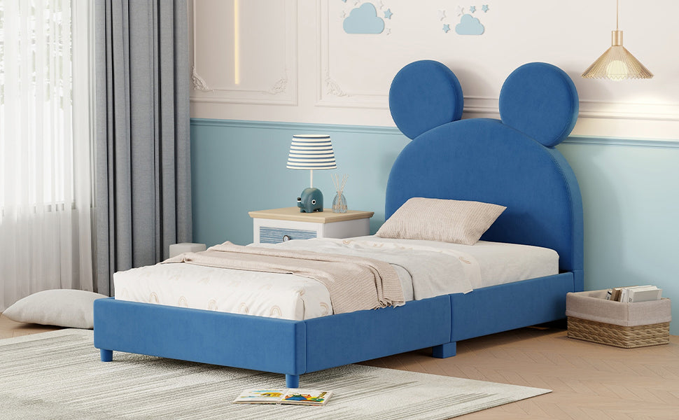 Twin Size Upholstered Platform Bed with Bear Ear Shaped Headboard, Blue