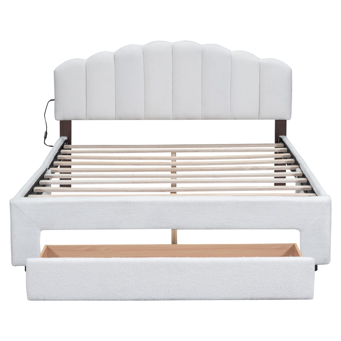 Teddy Fleece Queen Size Upholstered Platform Bed with Nightstand, White