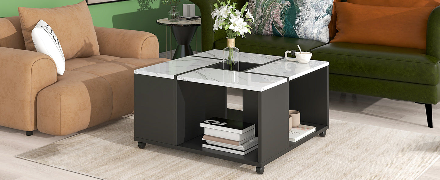 Luxurious Marble Design Coffee Table with Convenient Mobility, Ample Storage, and Modern Appeal