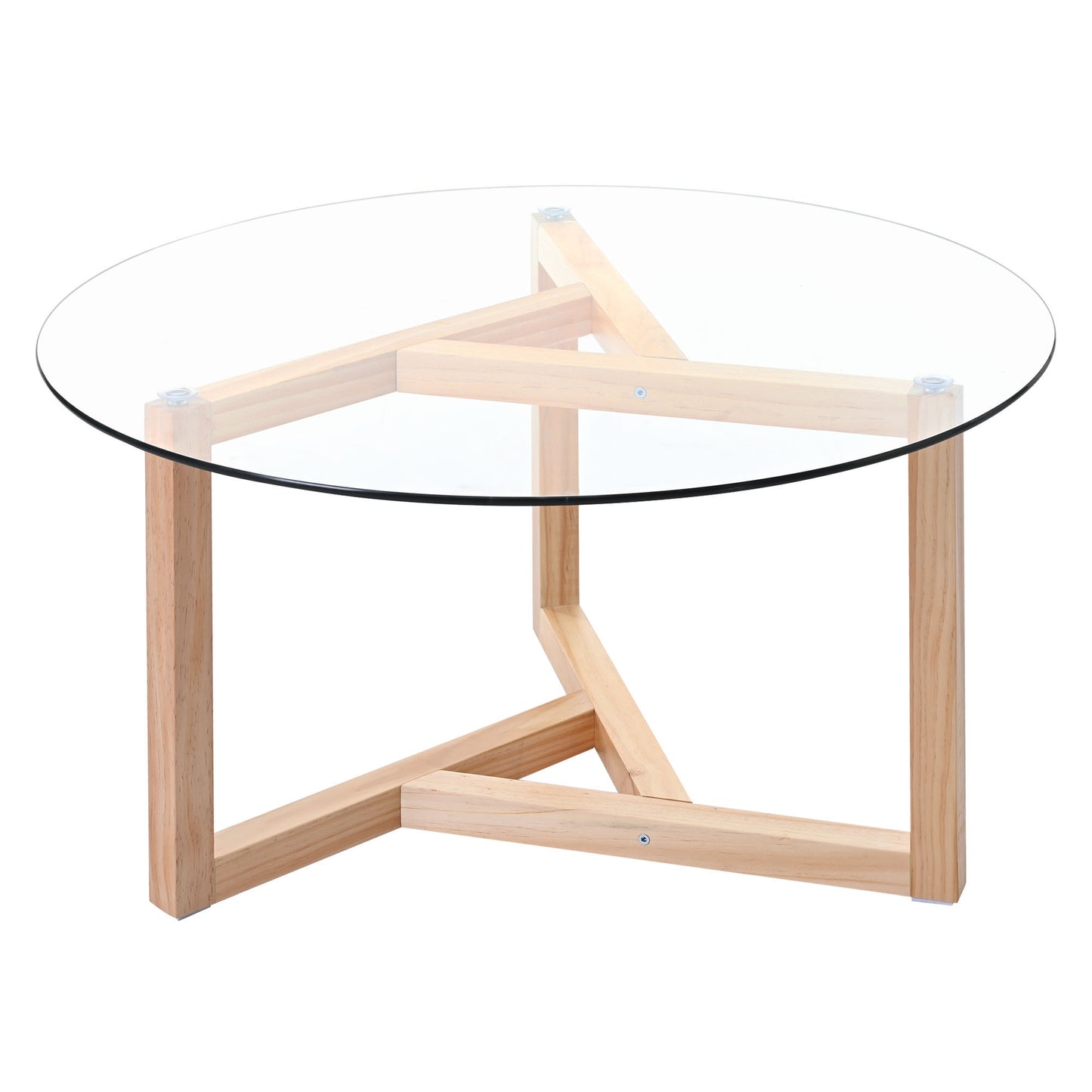 Modern Round Glass Coffee Table with Wood Base - Natural