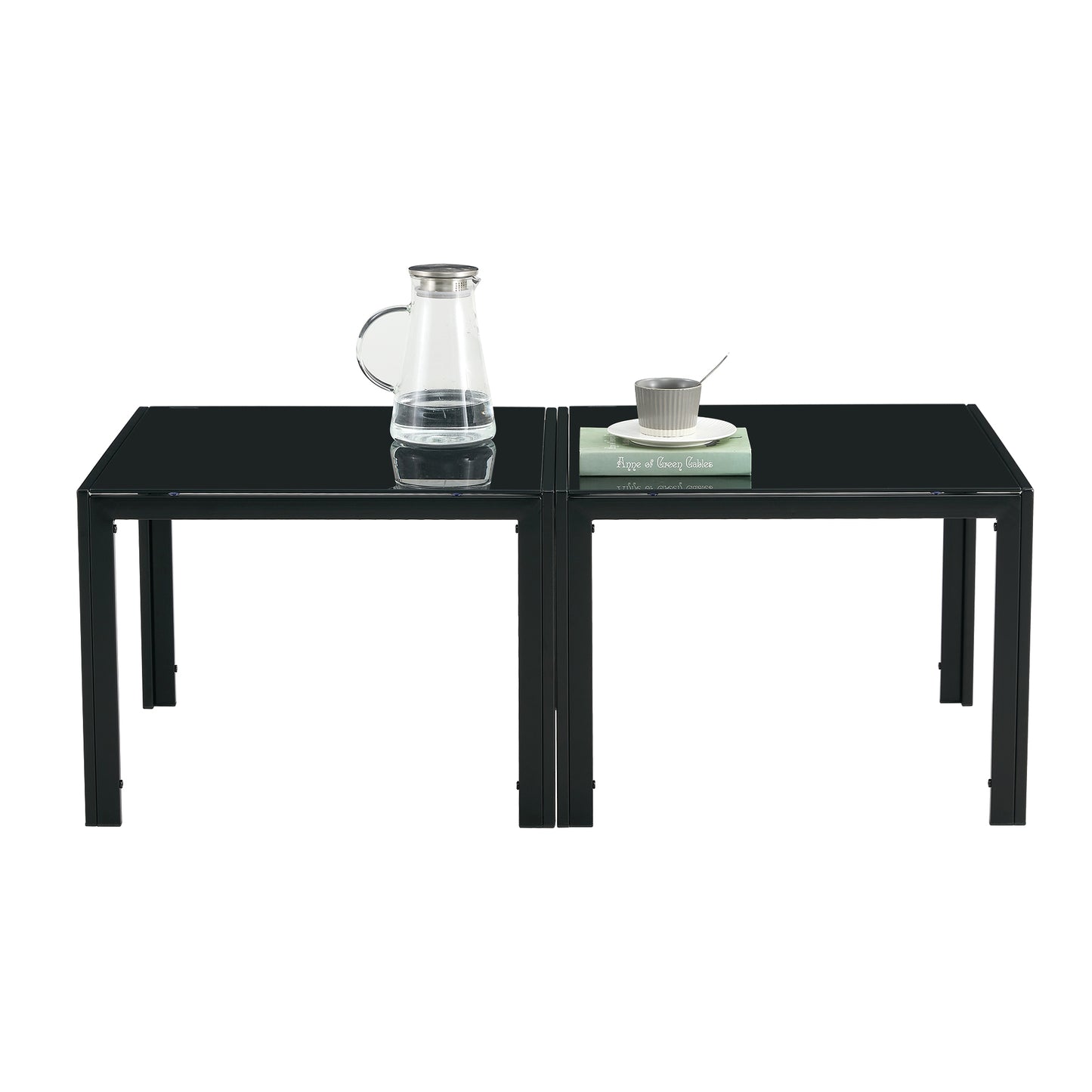 Modern Black Tempered Glass Coffee Table Set of 2 for Living Room