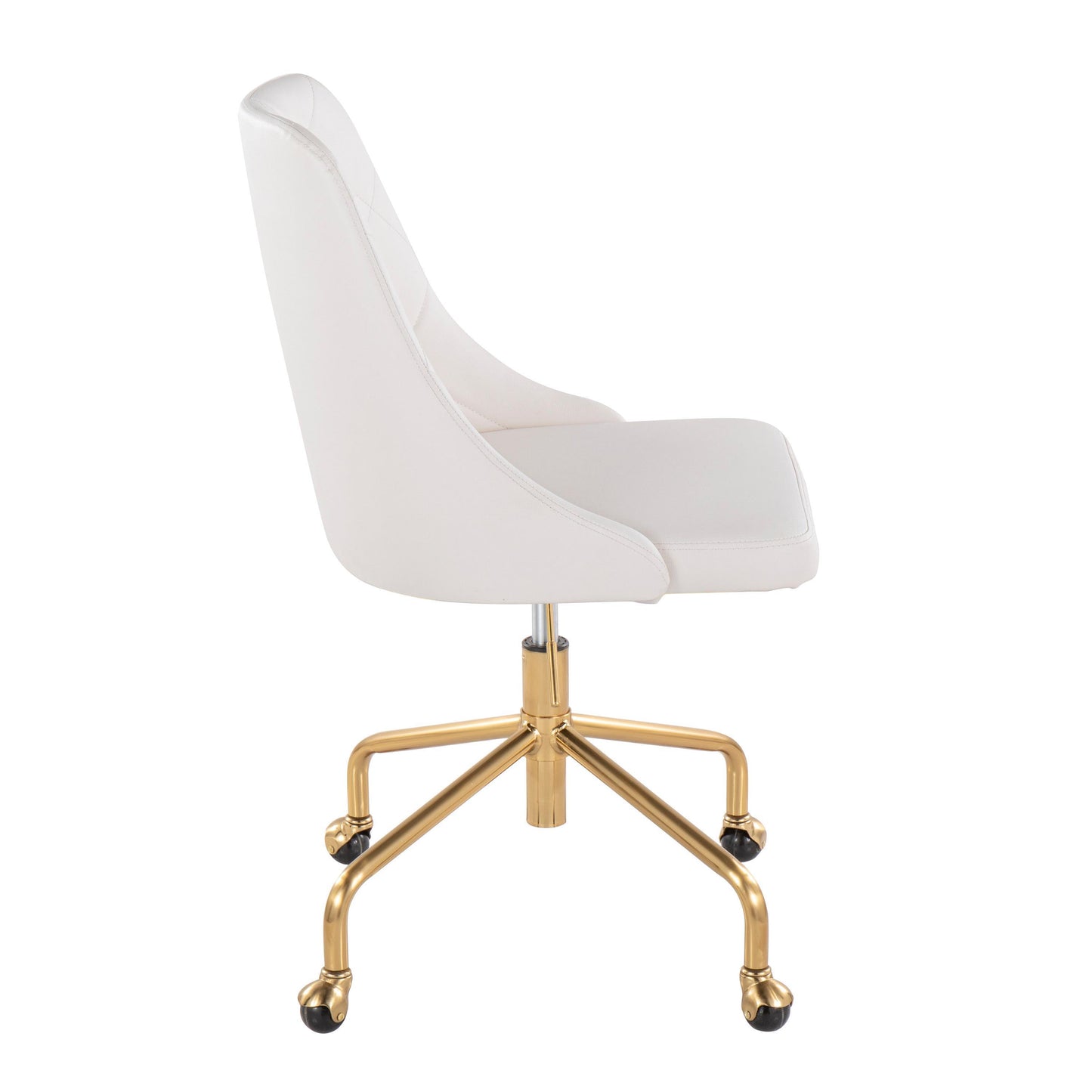 Marche Contemporary Adjustable Office Chair with Casters in Gold Metal and White Faux Leather by LumiSource