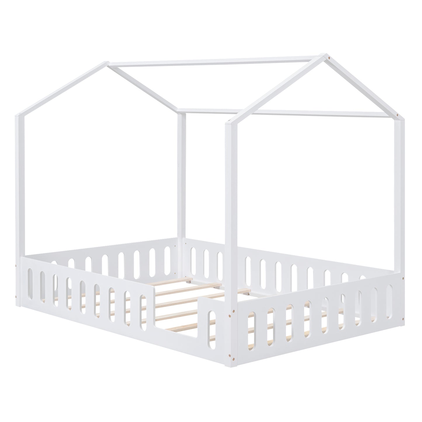 Full Size Wood House Bed with Fence and Detachable Storage Shelves, White(Expected Arrival Time: 1.7)