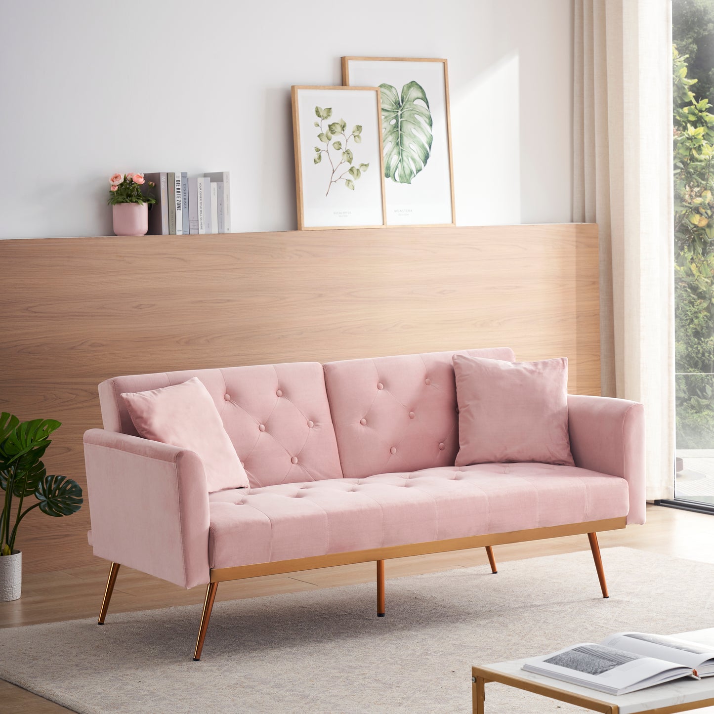 Elegant Pink Velvet Sofa Bed with Nail Head Accents and Throw Pillow