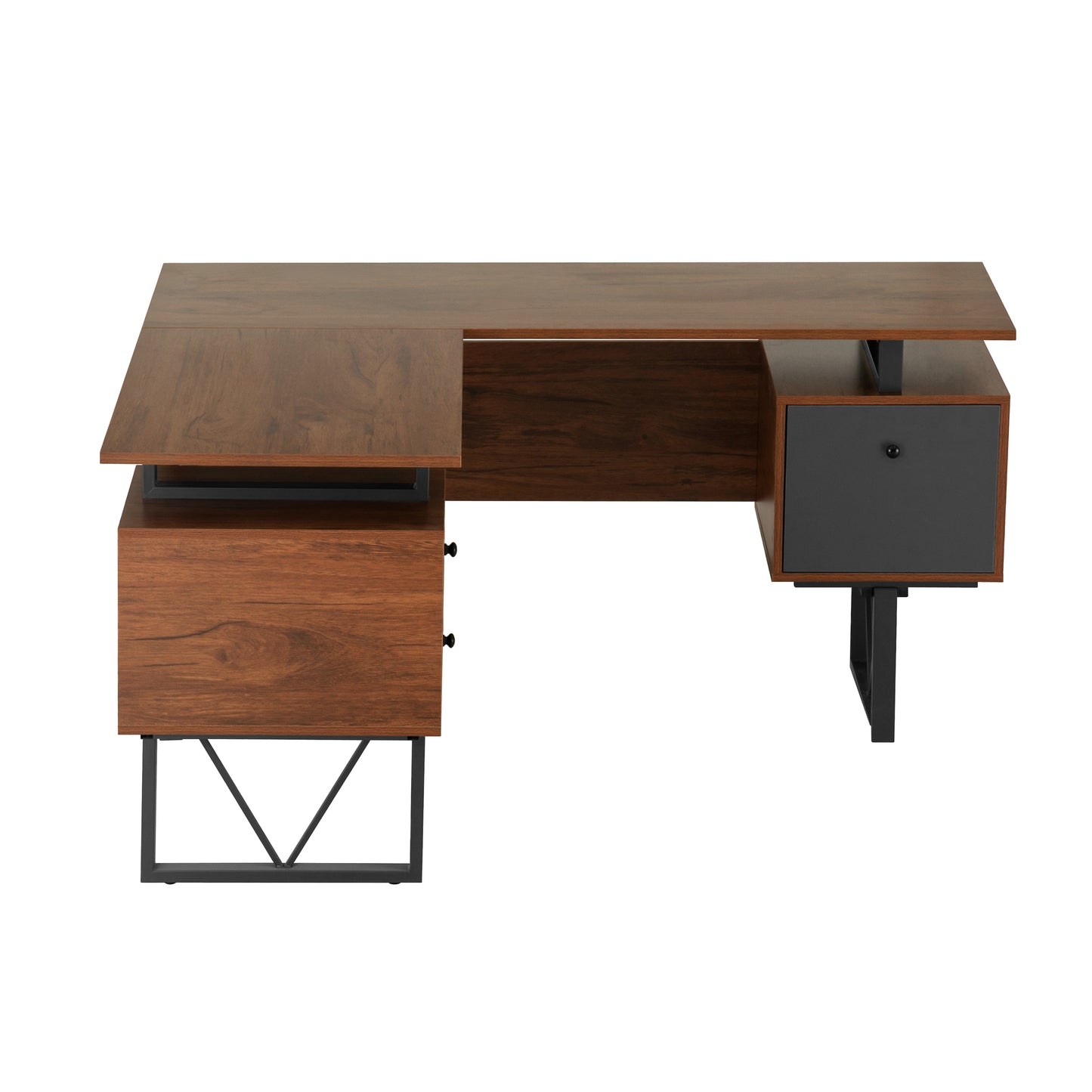 L-Shaped Computer Desk with Walnut Finish, File Cabinet, and Reversible Panels - Contemporary Industrial Design