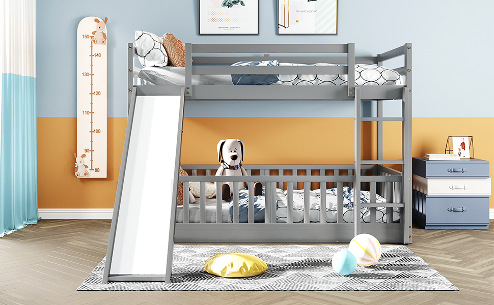 Gray Twin Bunk Bed with Slide, Ladder, and Space-Saving Design for Cozy Bedrooms