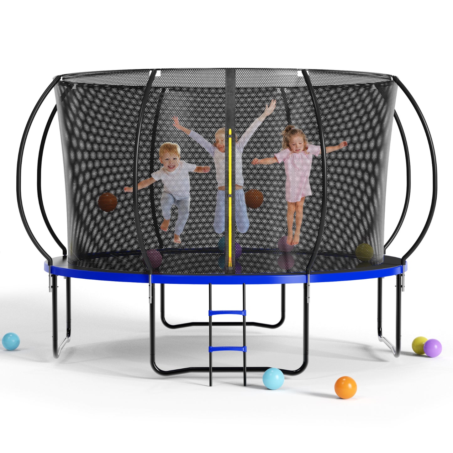 14-Foot Black and Blue Outdoor Trampoline for Kids with Safety Net, Ladder, and PVC Padding