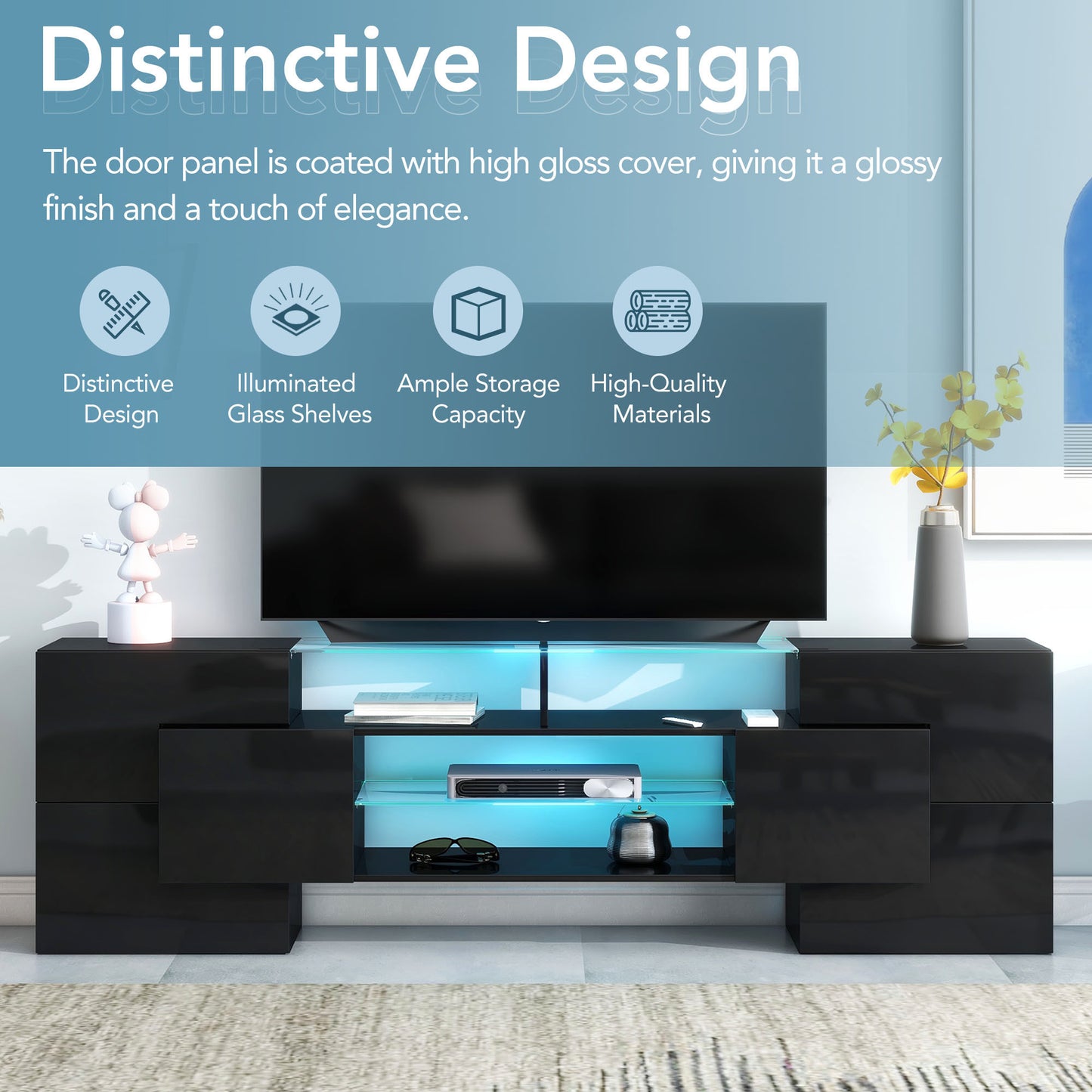 Black High Gloss TV Stand with LED Glass Shelves for TVs Up to 80