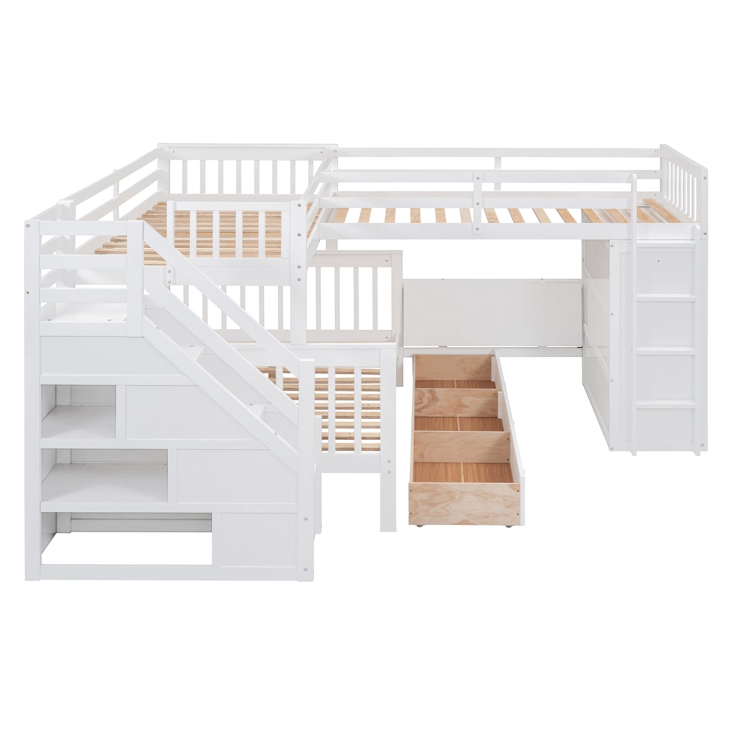 L-Shaped Bunk Bed Set with Desks, Wardrobe, Drawers, White - Space-Saving Sleepover Solution