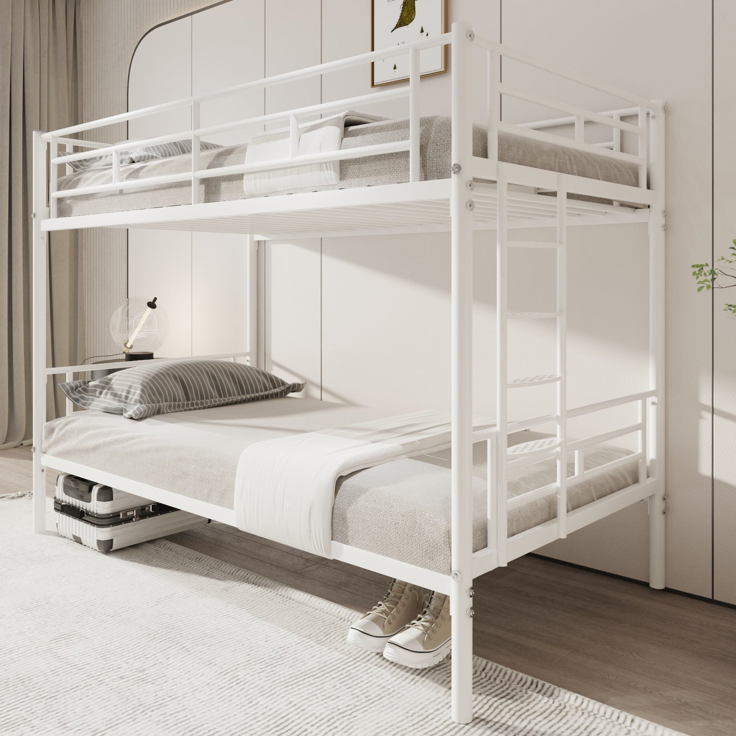 White Metal Twin Bunk Bed with Easy Assembly & Secure Guardrails