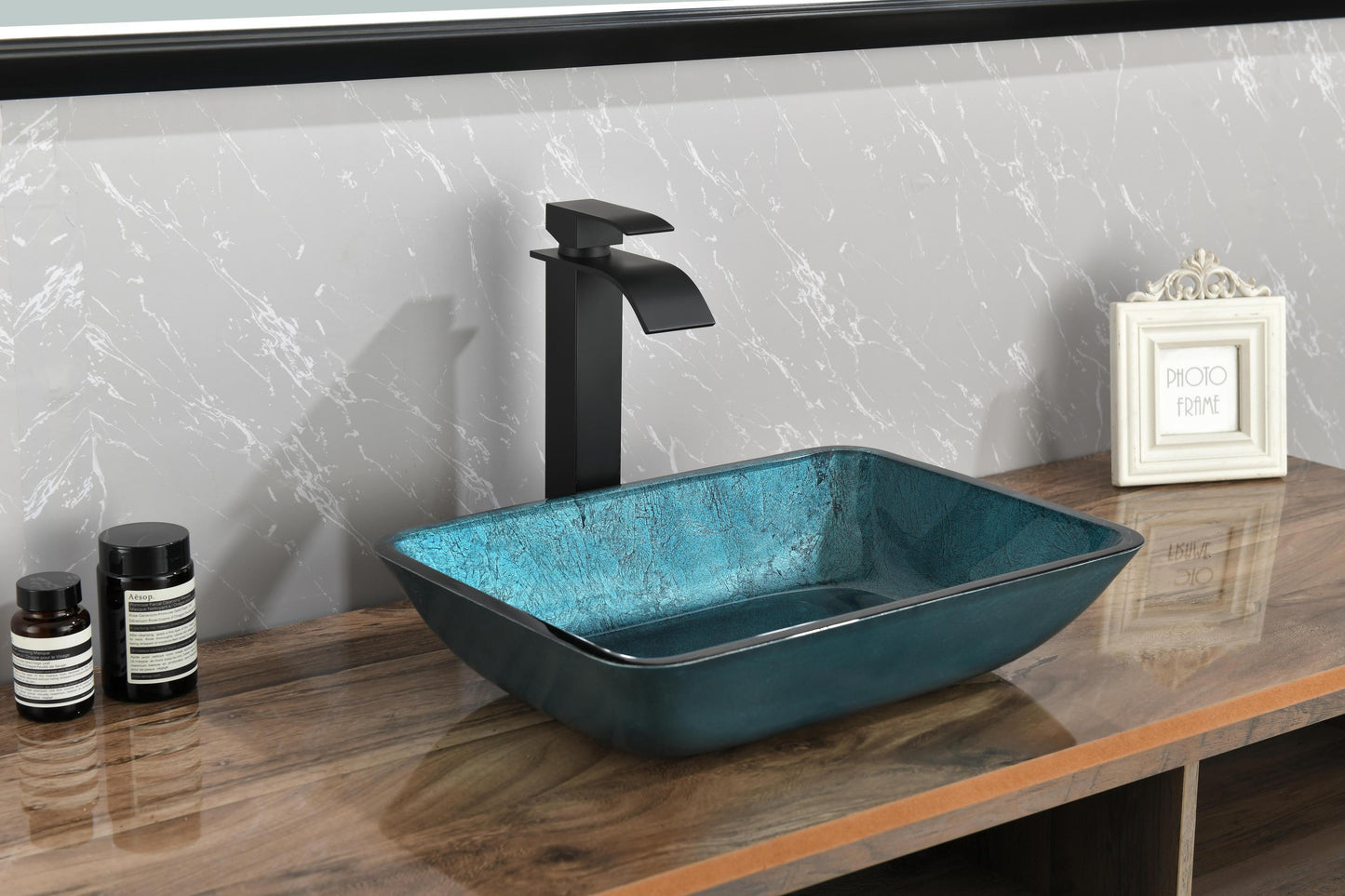 Handcrafted Blue Glass Rectangular Vessel Sink Set with Matte Black Faucet and Pop-Up Drain