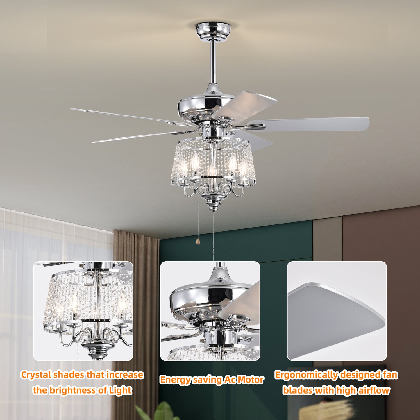 52 inch Crystal Ceiling Fan with Reversible Wood Blades and Noiseless AC Motor (Chrome)