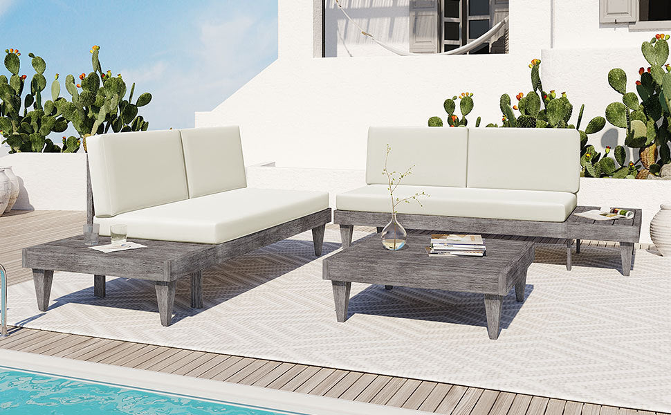 3-Piece Acacia Wood Patio Furniture Set with Conversation Sectional Sofa and Side Tables, Grey+Beige